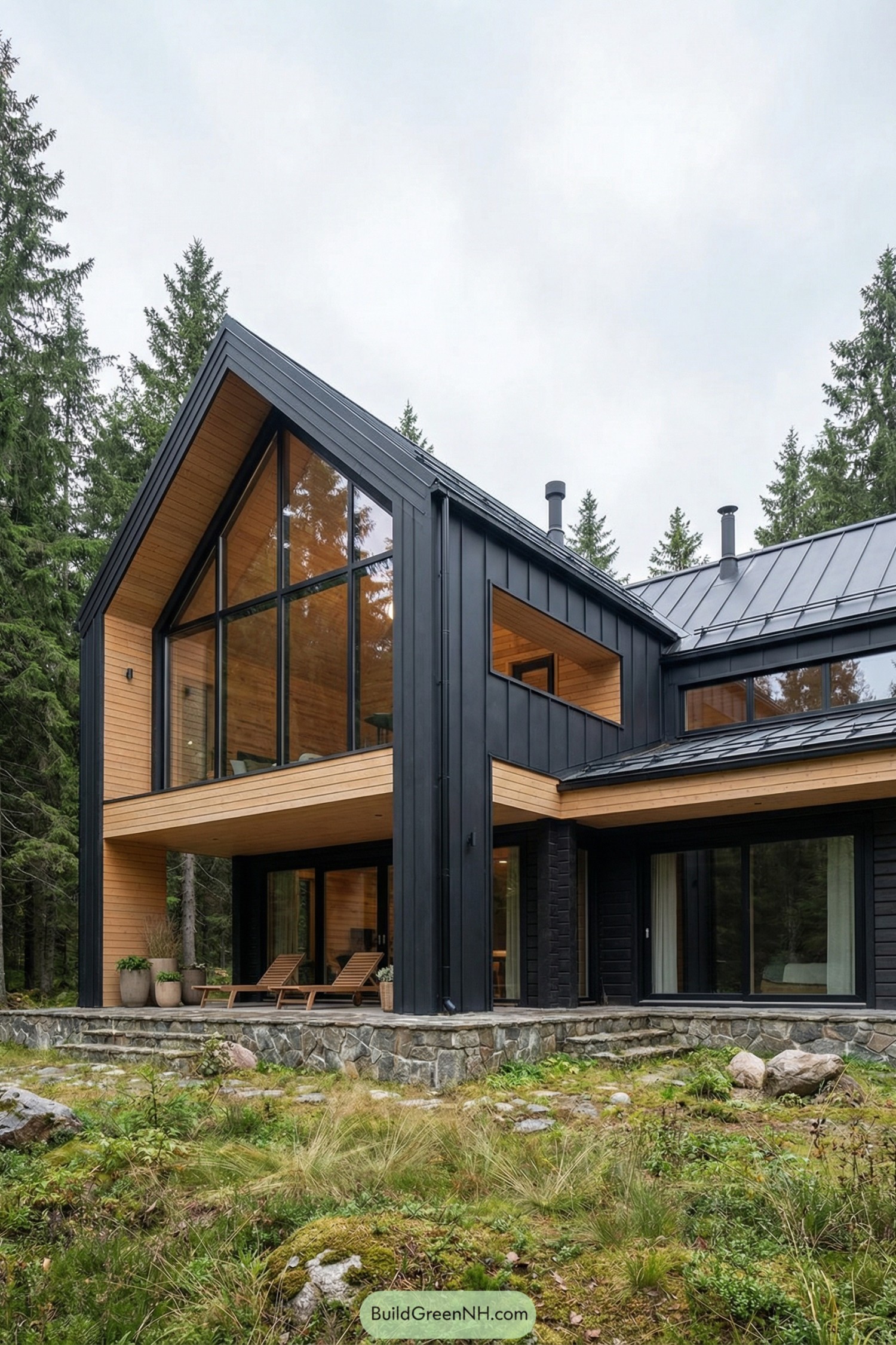 Modern black metal and wood cabin with large glass facade set on a stone base in a forest clearing