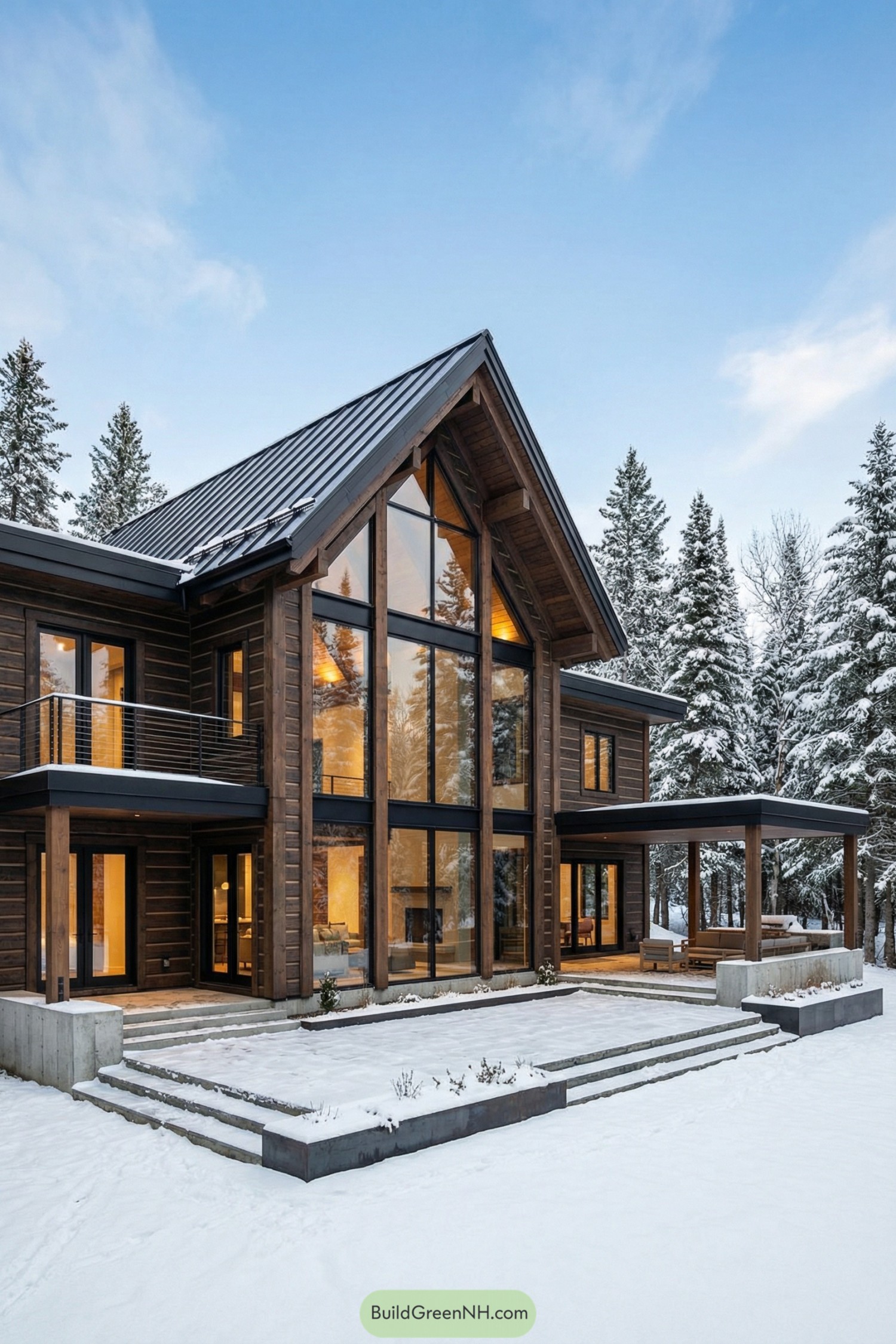 Modern glass-fronted timber cabin with tall gabled roof and covered patio in snowy forest setting