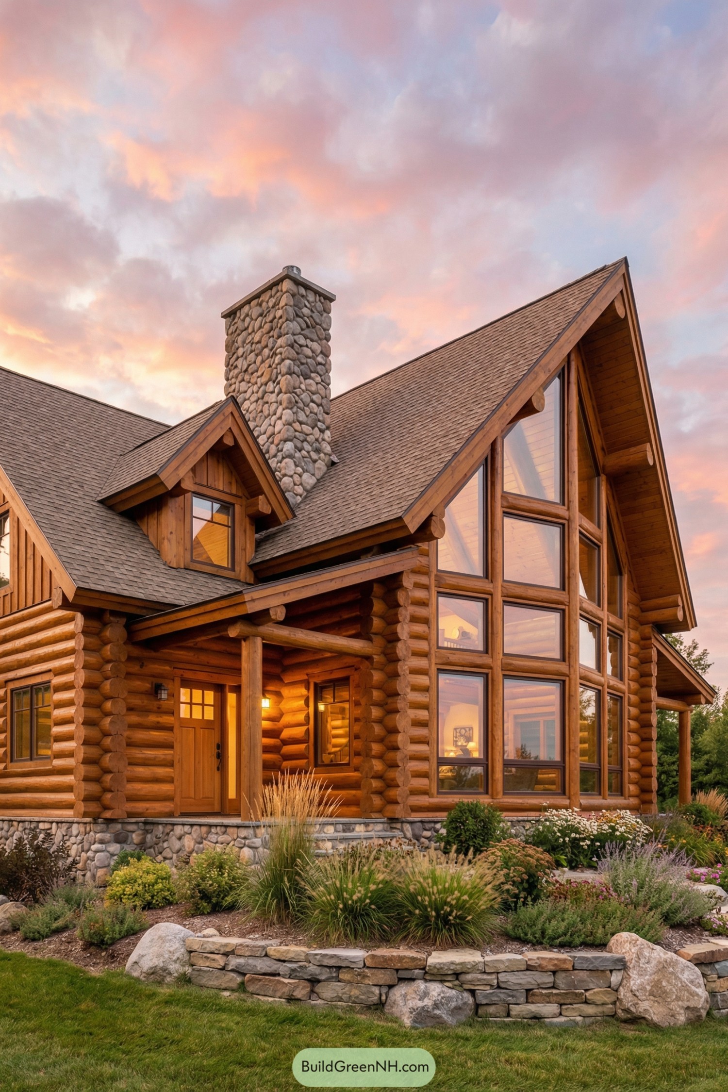 high-res photo of modern Log Cabin House, facade of interlocking round logs in warm honey-brown tone with prominent horizontal log courses and exposed corner notches, asymmetrical multi-gabled front elevation with dominant tall A-frame glass façade on the right and lower cross-gabled wings on the left, natural river-stone chimney and stone-clad porch base adding vertical accents, compact rectangular main volume with extended wings and varied rooflines creating a stepped, layered silhouette, materials include solid log walls, rough-cut stone, natural wood trims, and dark metal fixtures, medium-pitch asphalt shingle roofing in muted brown with multiple gables, shed roof over porch, and subtle overhangs, expansive floor-to-ceiling window wall in the main gable with grid of large rectangular panes and slim wood mullions, additional standard and picture windows framed in natural wood with warm interior glow visible, single wooden front door with glass panel under covered porch, side balcony with simple wood railing on upper level, covered entry porch supported by timber posts over stone base, low stone retaining wall of rounded boulders bordering the front planting bed, landscaping with lush green lawn, mixed perennial flower beds, low shrubs, ornamental grasses, and irregular rocks creating a natural alpine garden feel, surrounding environment of gently sloping meadow edge transitioning to dense evergreen forest and distant tree-covered hills, sky with soft pink and purple sunset clouds casting warm ambient light, overall scene calm, picturesque, and mountain lodge inspired; real-life photo, high-resolution, architectural photography, soft lighting, cinematic composition.