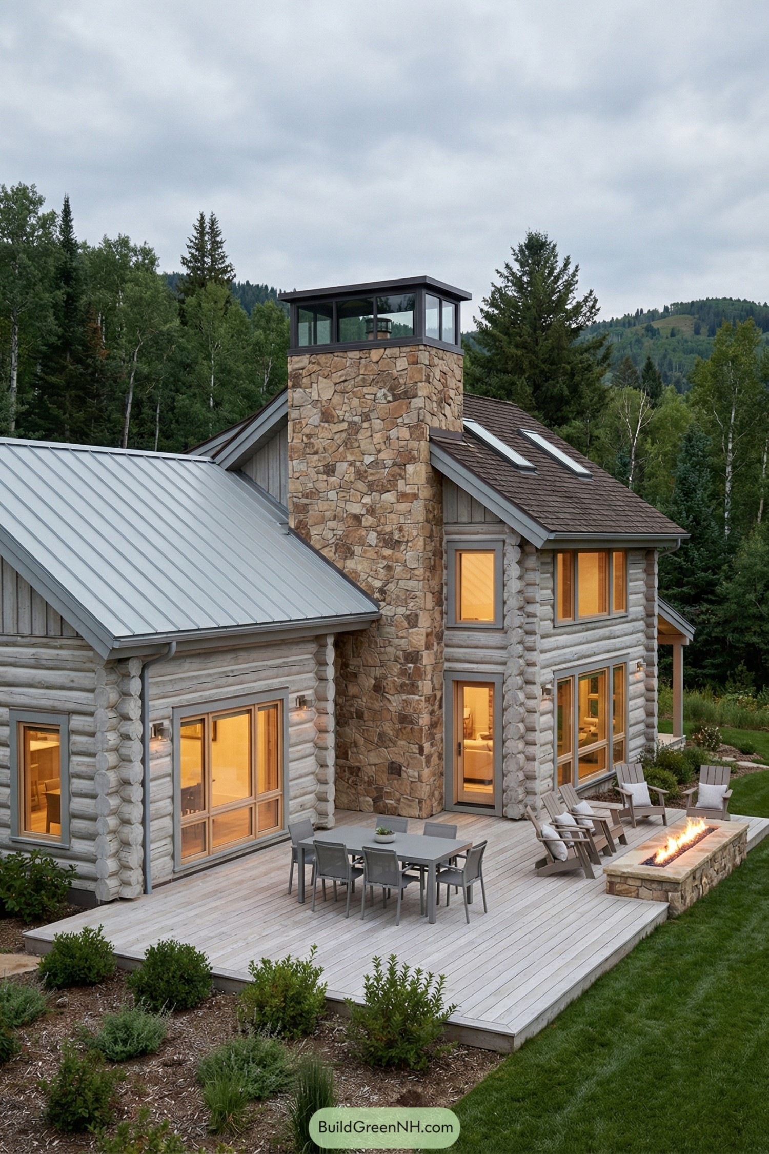 Modern gray log cabin with stone chimney tower and spacious deck featuring dining area and linear fire pit