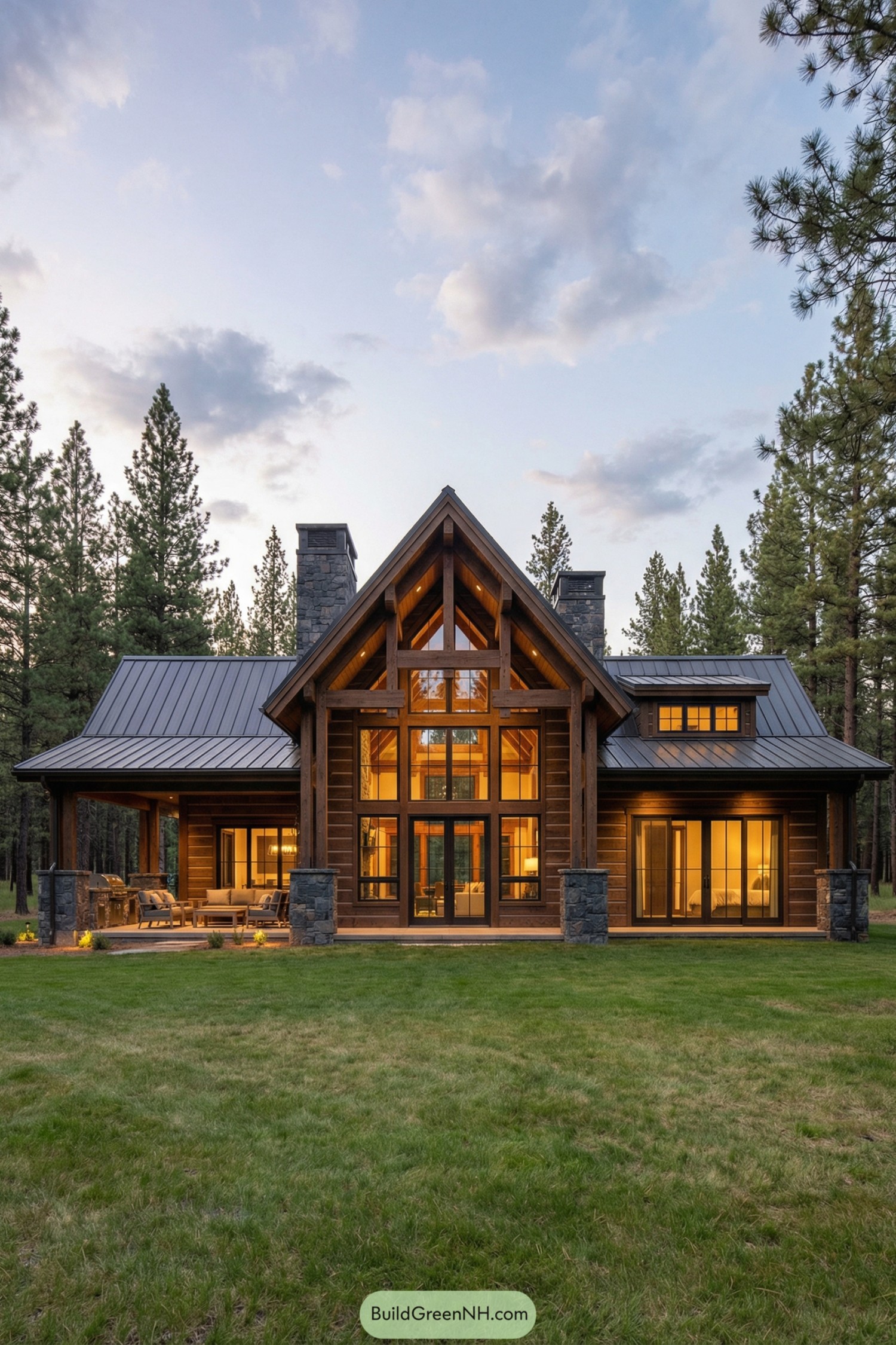 Modern log cabin with tall glass front and stone chimneys at forest edge