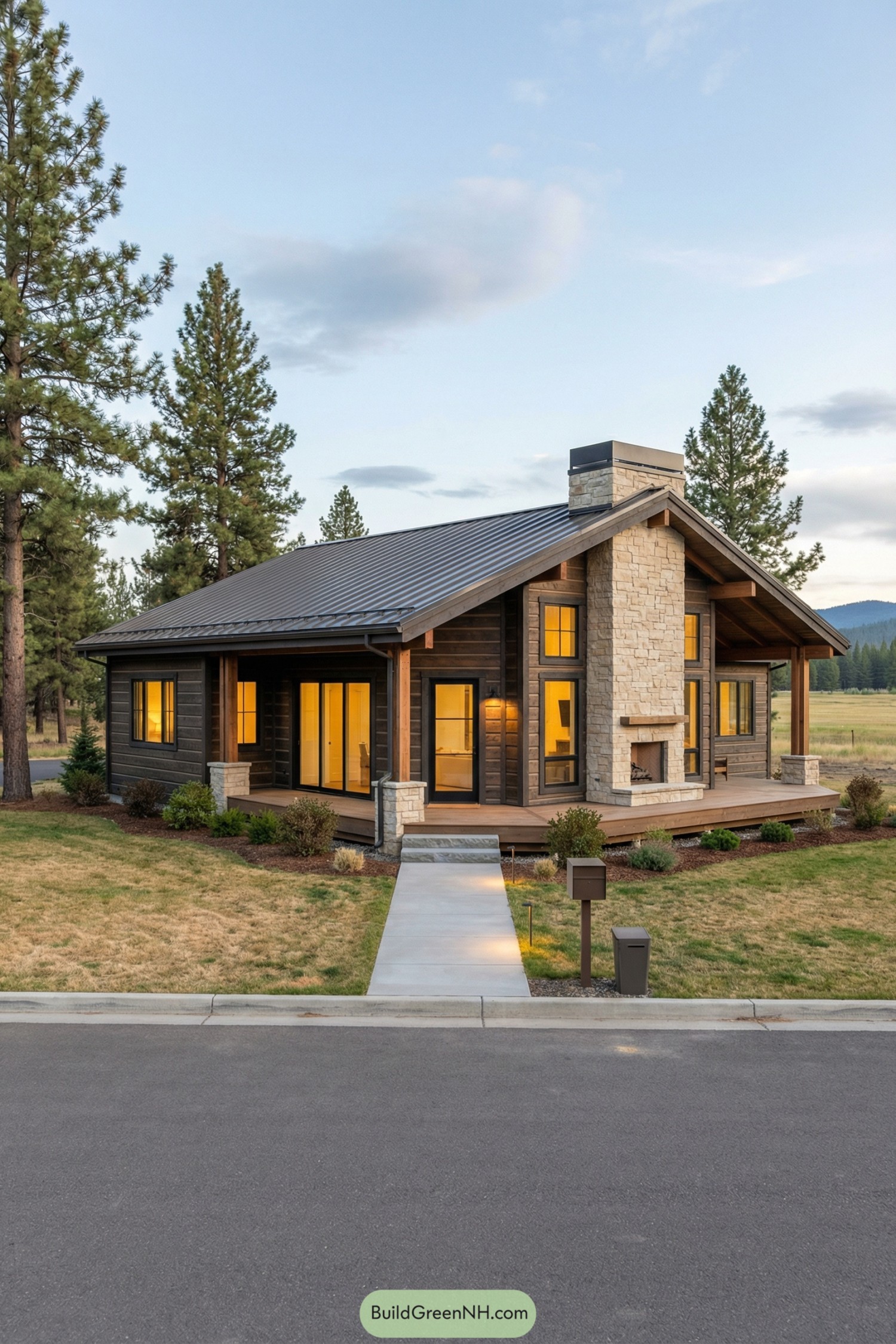 Single-story dark timber cabin with metal roof, stone chimney, and wraparound porch set in an open meadow with tall pines