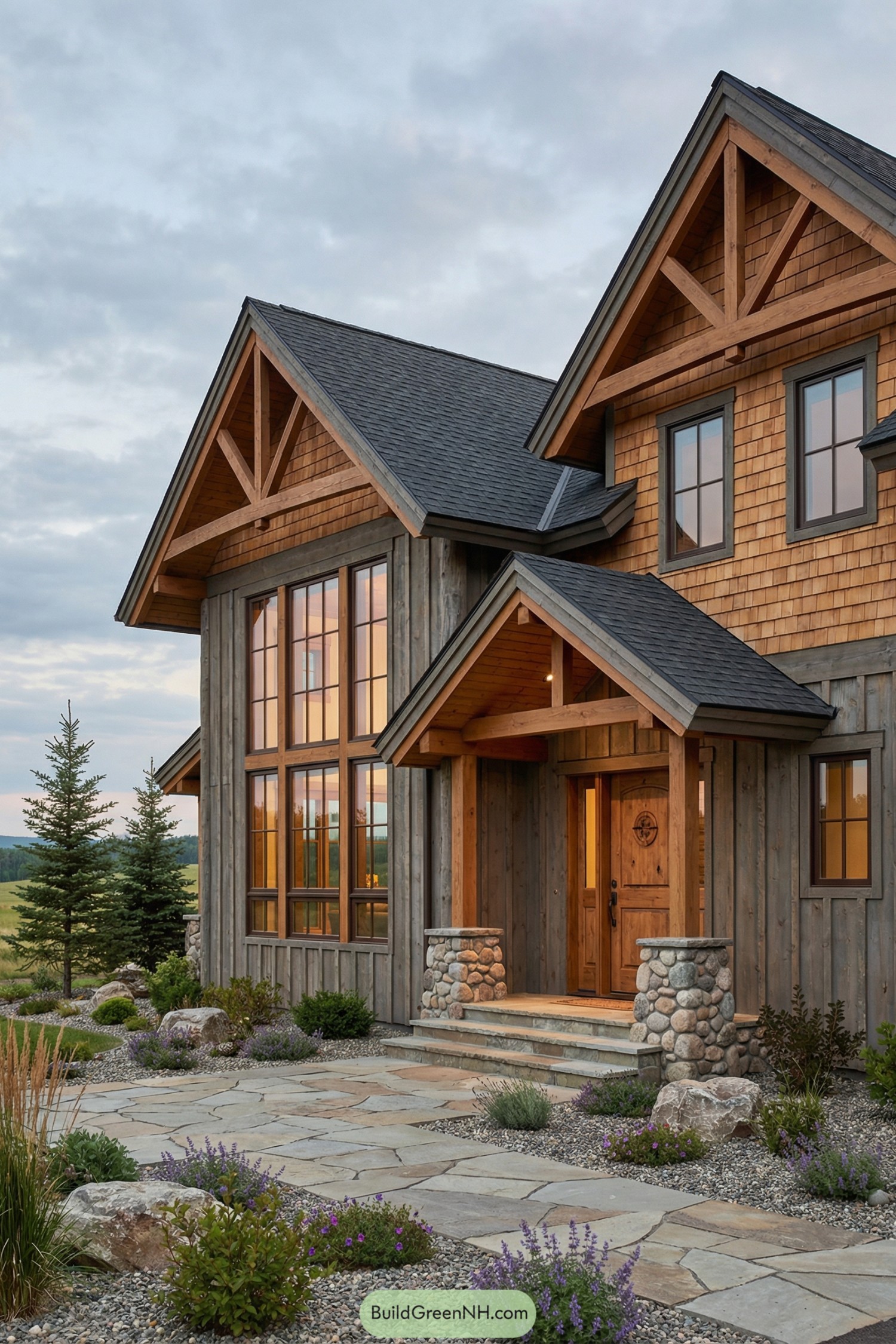 Warm timber and stone lodge-style house with tall windows and landscaped flagstone entry