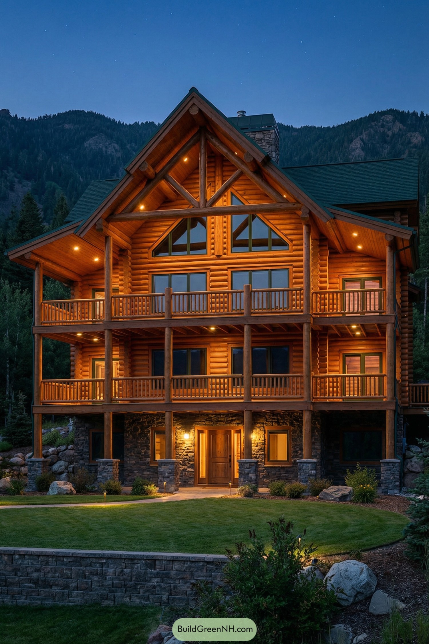 Three-story glowing log cabin in forested mountains at dusk