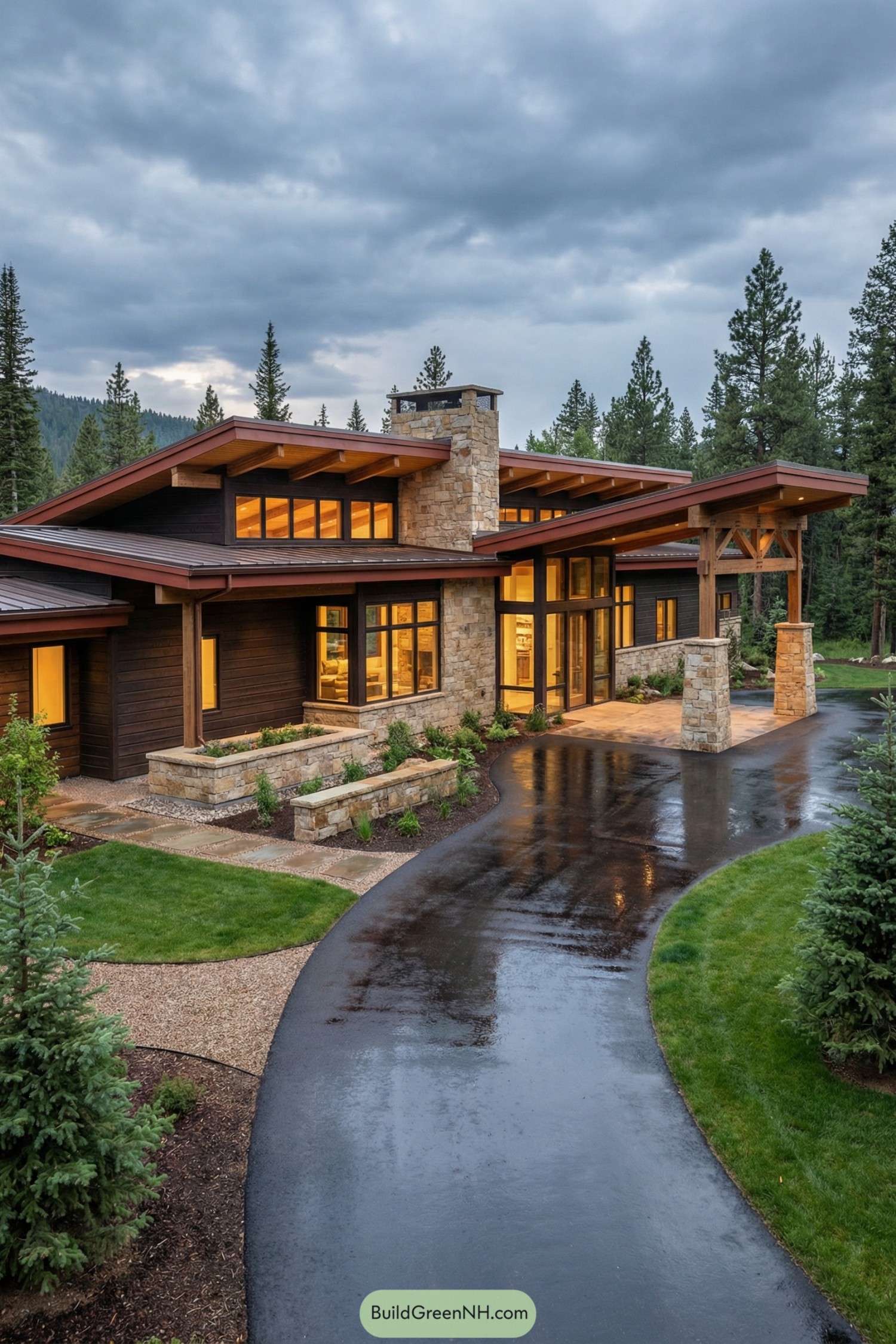 Modern lodge-style house with low sloped roofs stone chimney and warm wood siding in a forest setting