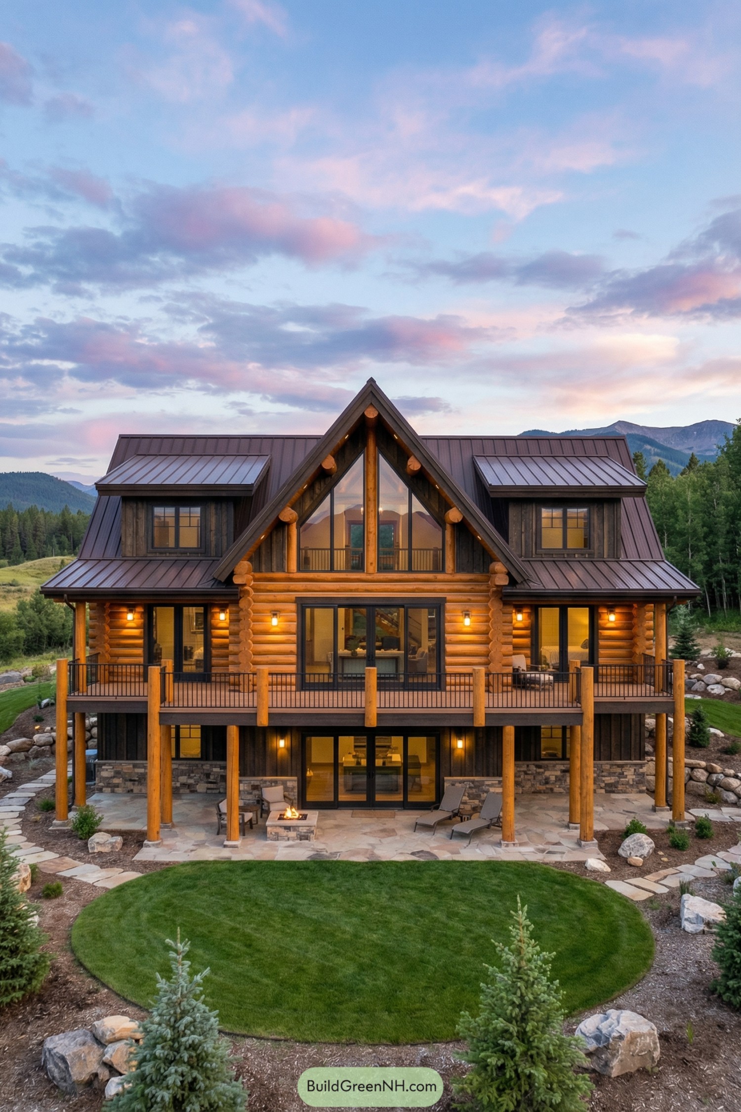 Three-story log cabin with large windows and wraparound decks at sunset