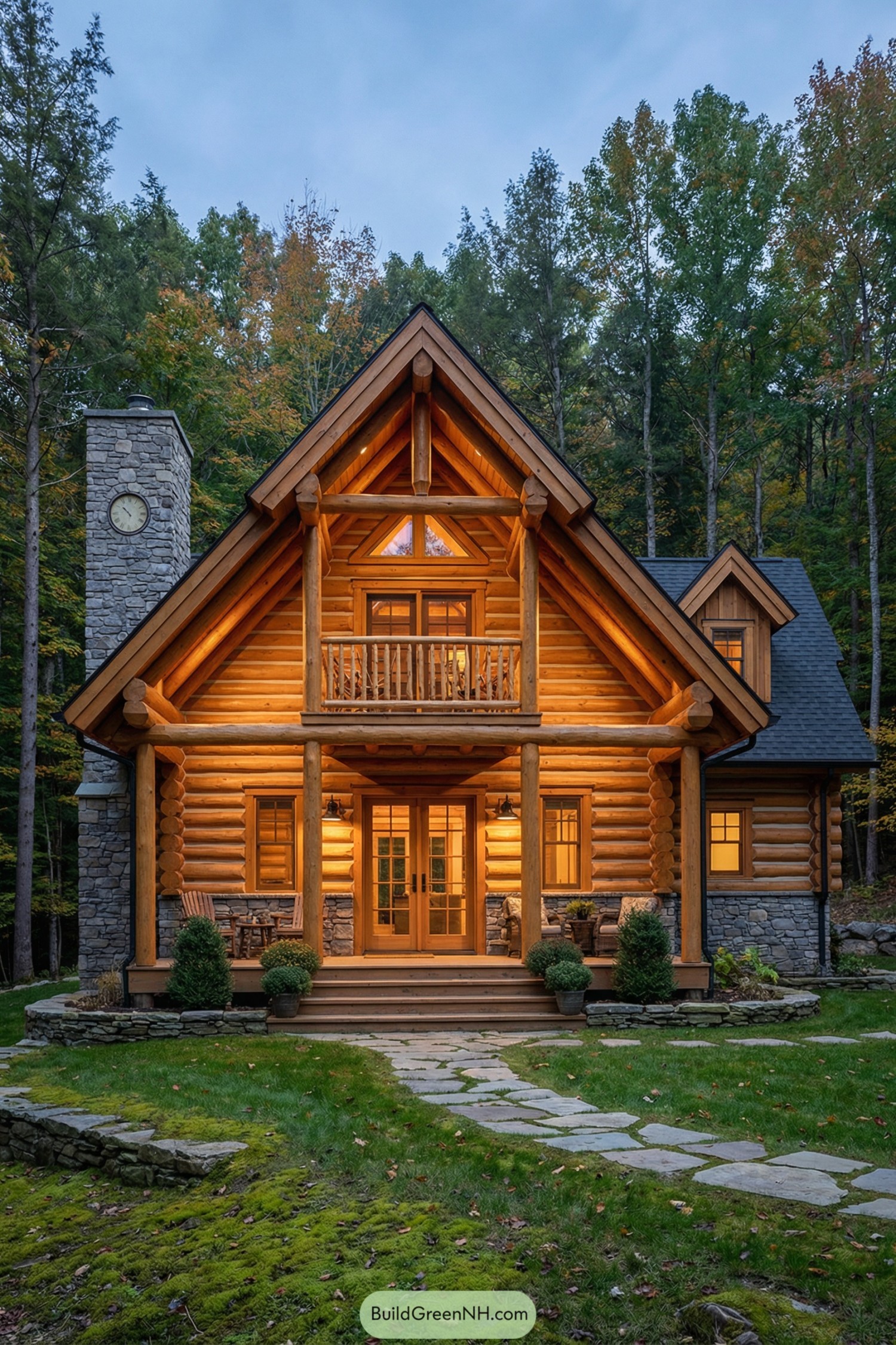 Warmly lit log cabin with stone chimney and front porch nestled in a wooded clearing