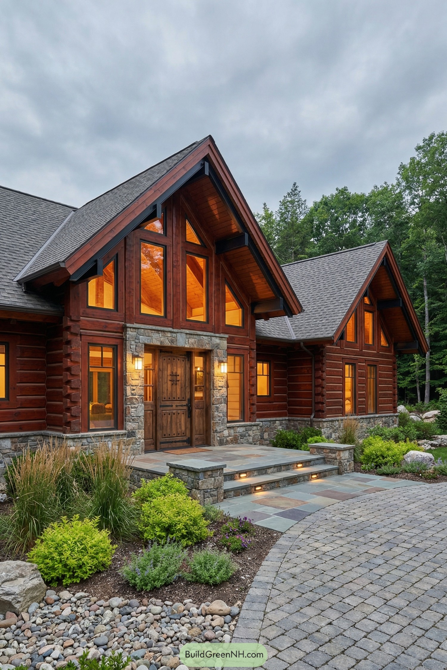 Rustic log cabin with stone accents and warm windows at dusk