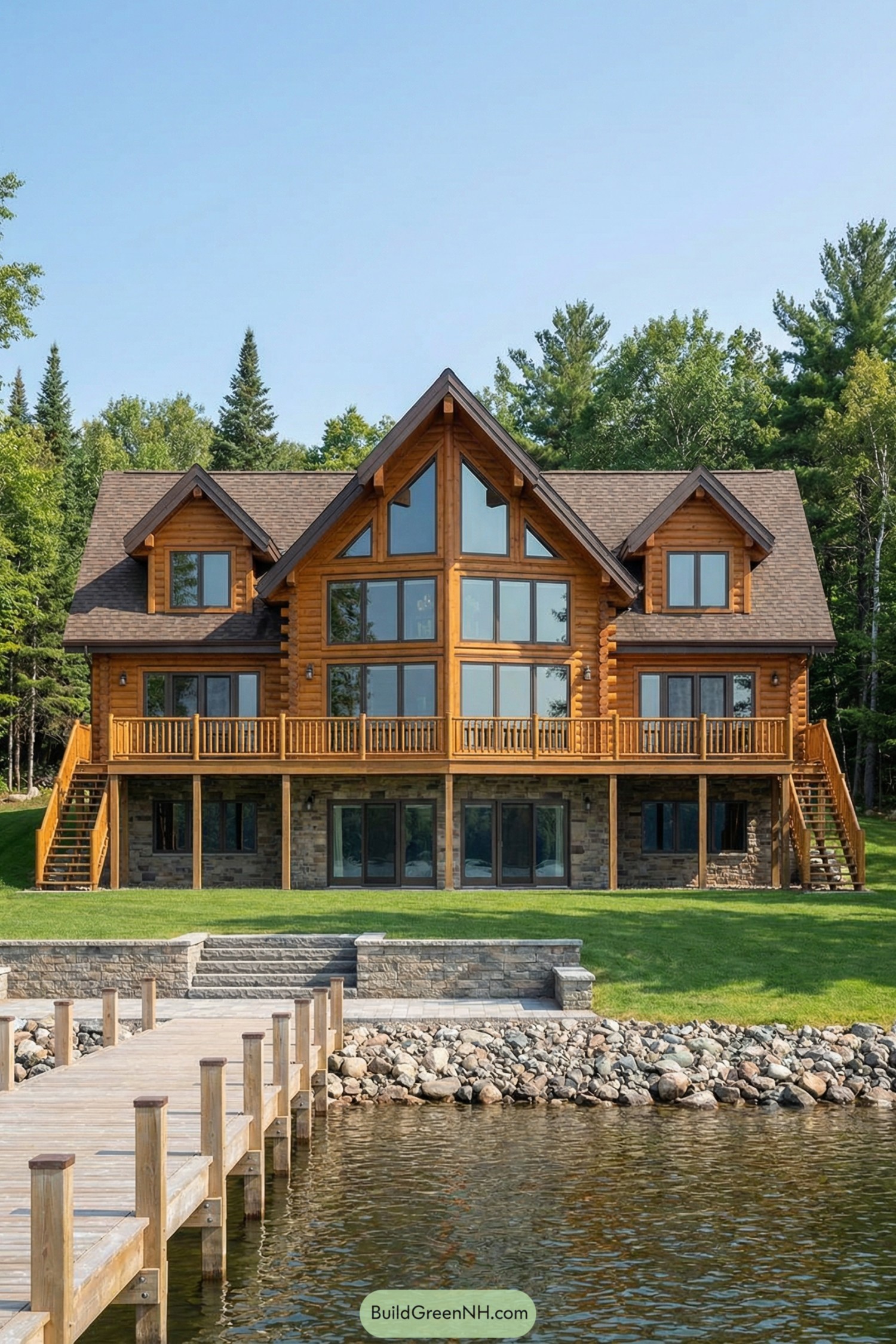 Large log lake house with dock