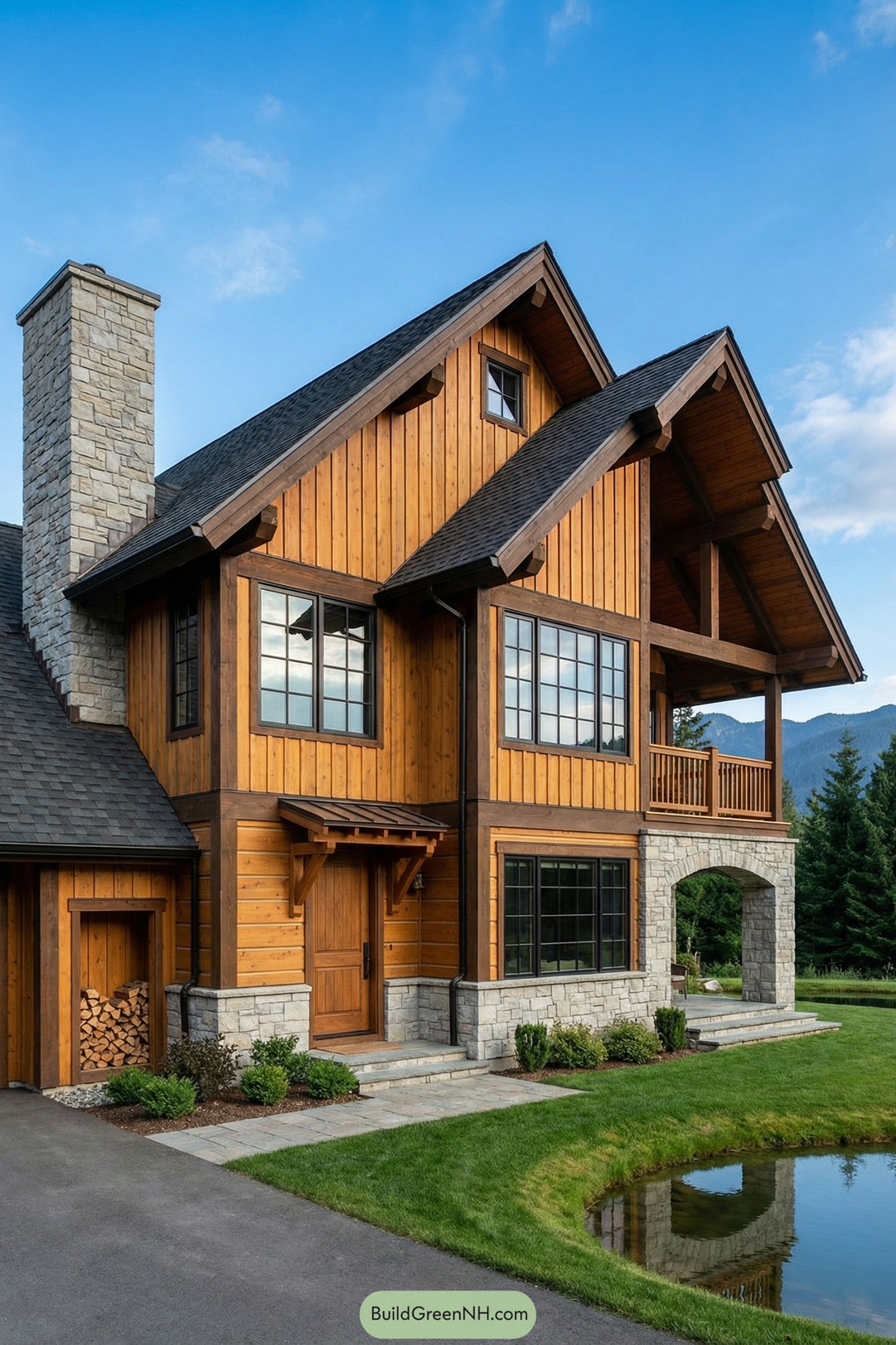 Two-story timber cabin with stone base, balcony, and pondside setting