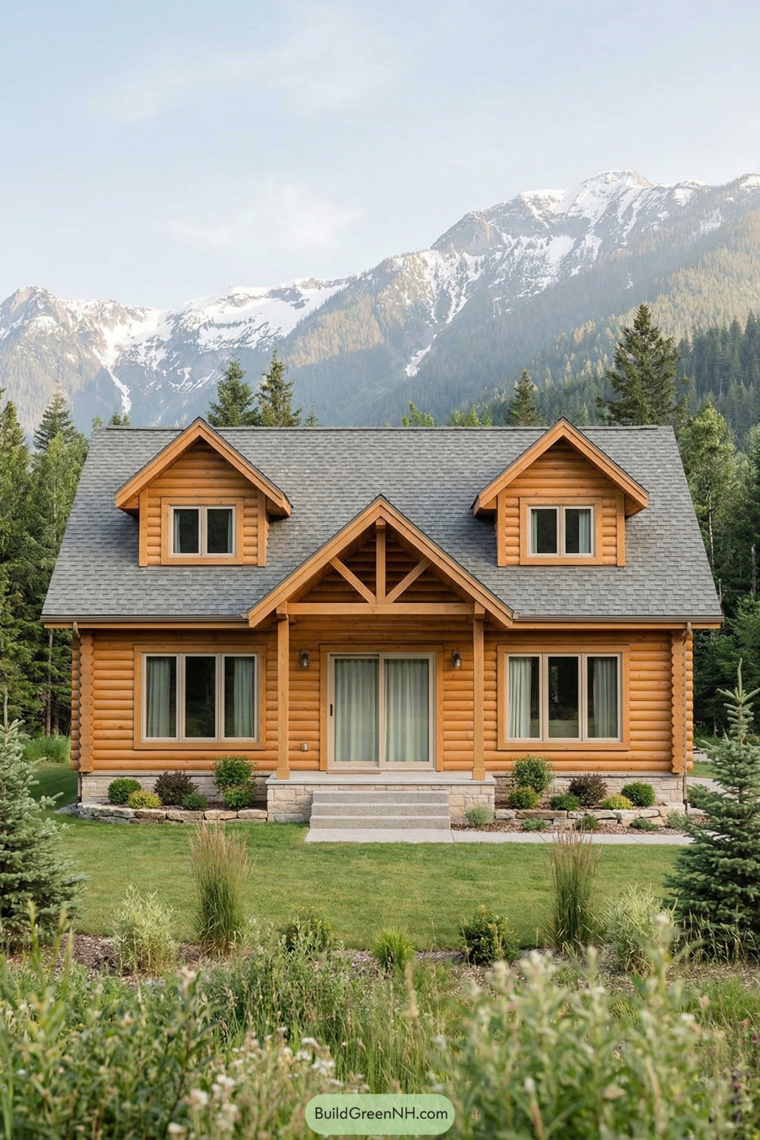 Two-story log cabin with dormers and mountains in background