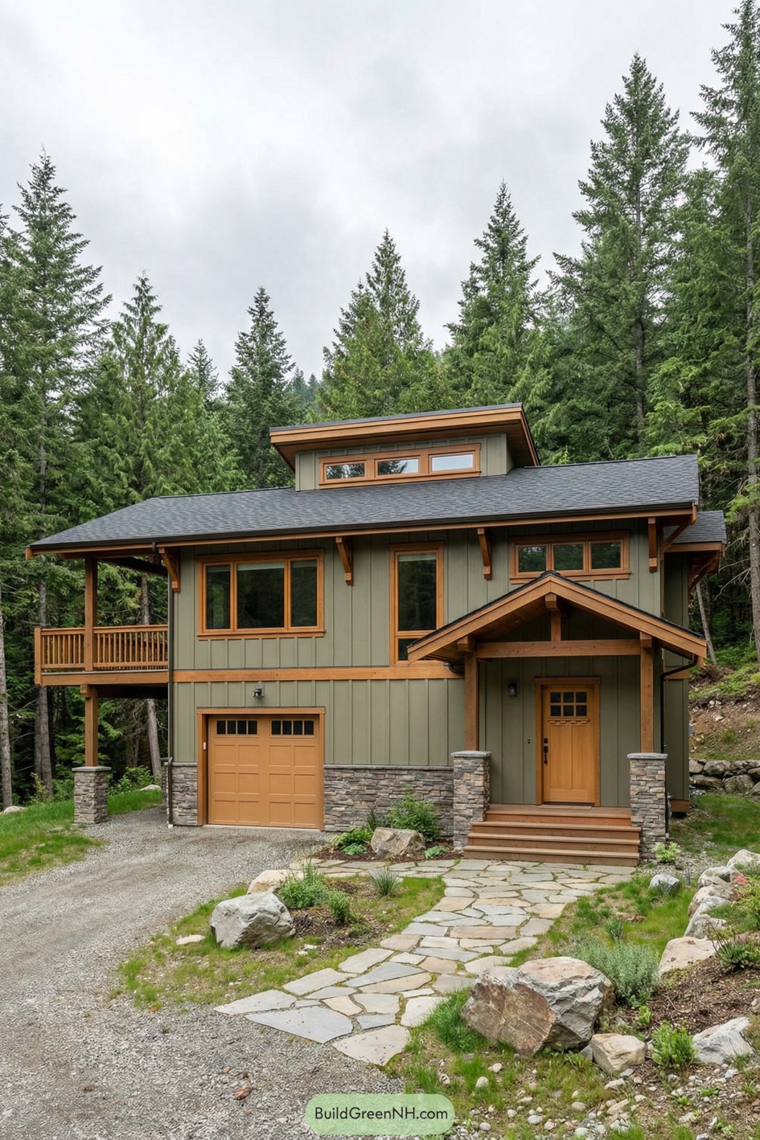 Two story green cabin with warm wood trim stone base and forest backdrop