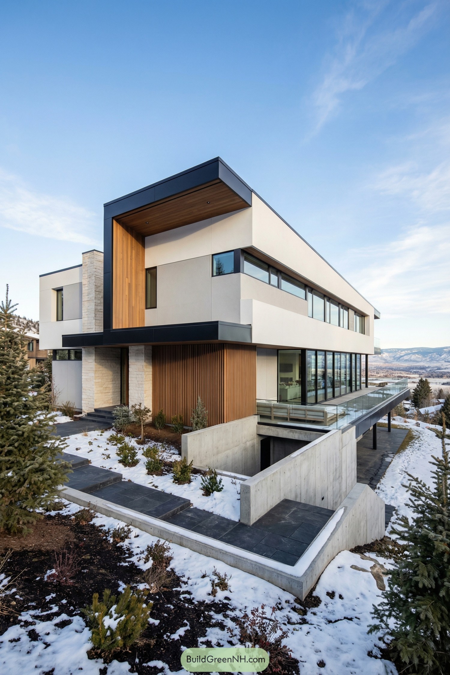 Modern rectangular mountain home with glass-railed terraces and mixed wood stone and concrete exterior overlooking snowy hills