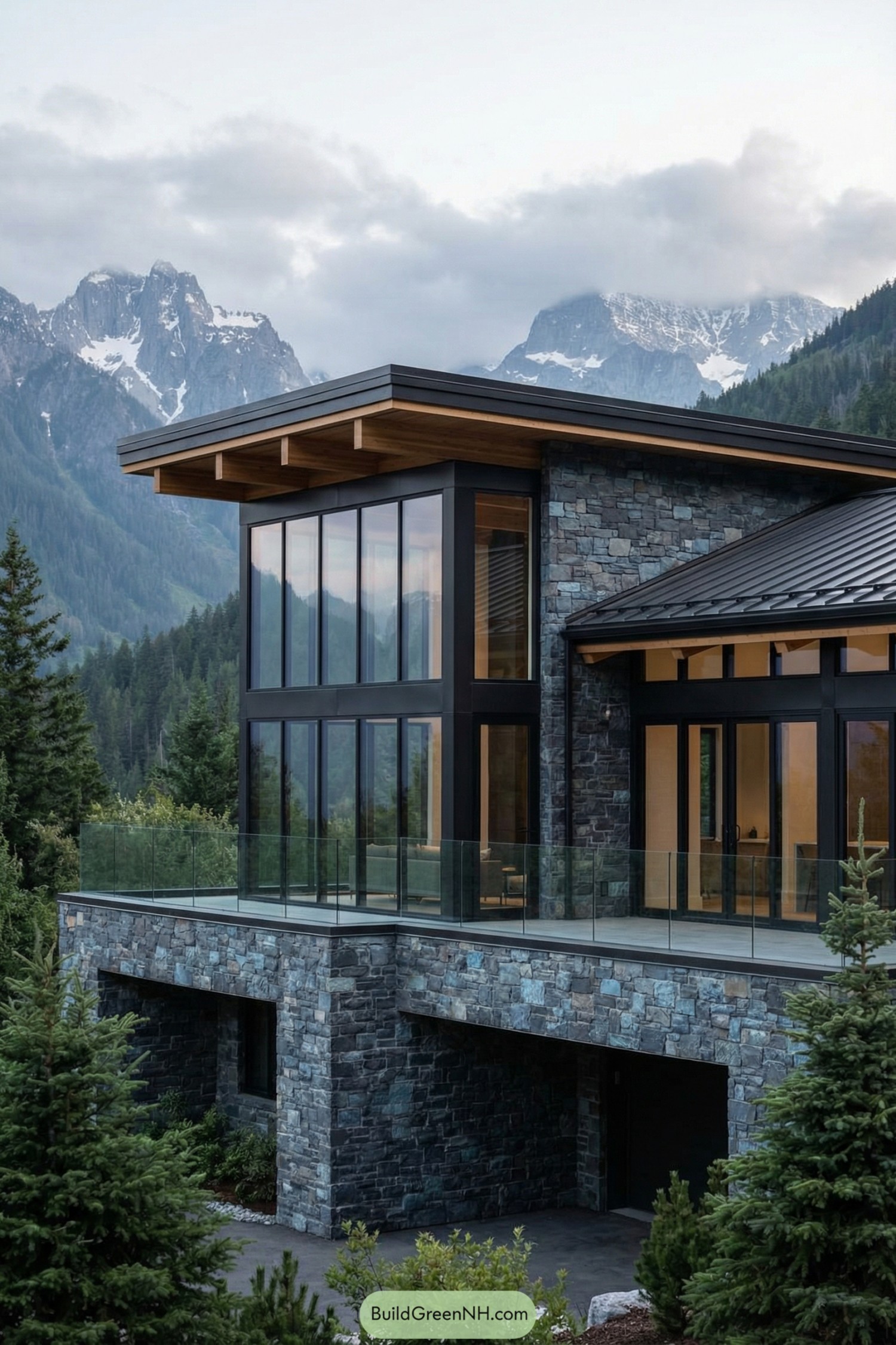 Modern stone and glass mountain house with tall windows and flat roof framed by evergreen trees and distant snowy peaks