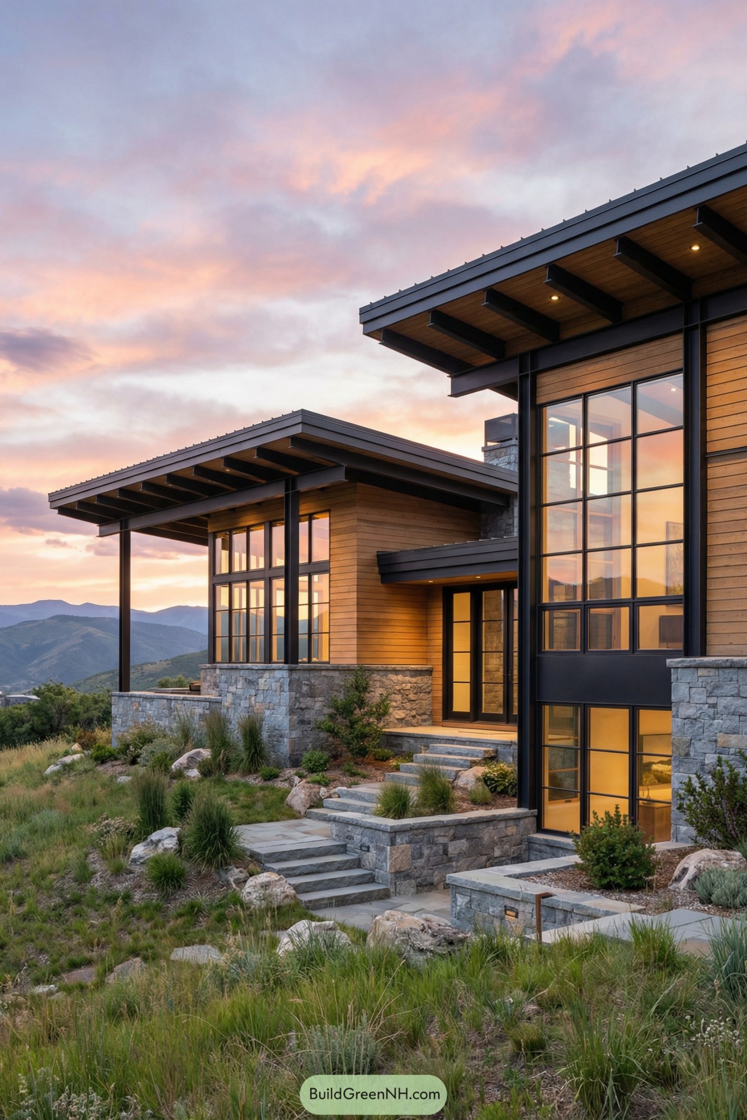 Modern mountain home with tall glass walls, stone base, and wood siding at sunset