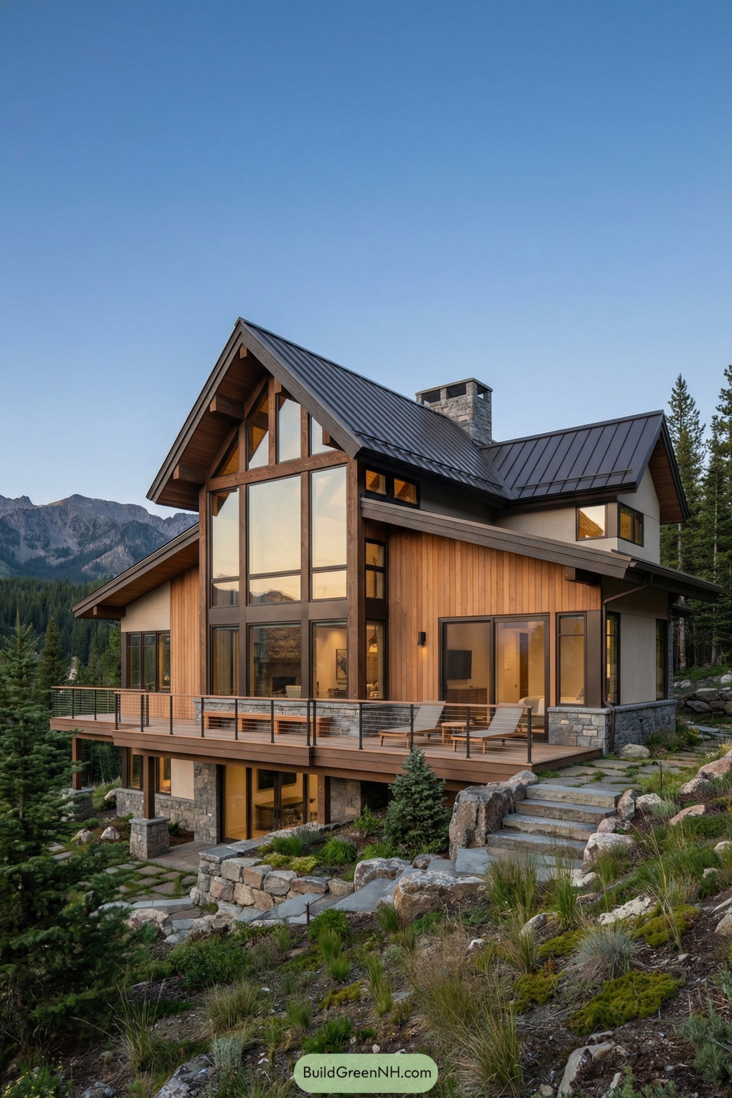 Warm wood-and-glass mountain house with metal roof and wraparound deck on a rocky slope
