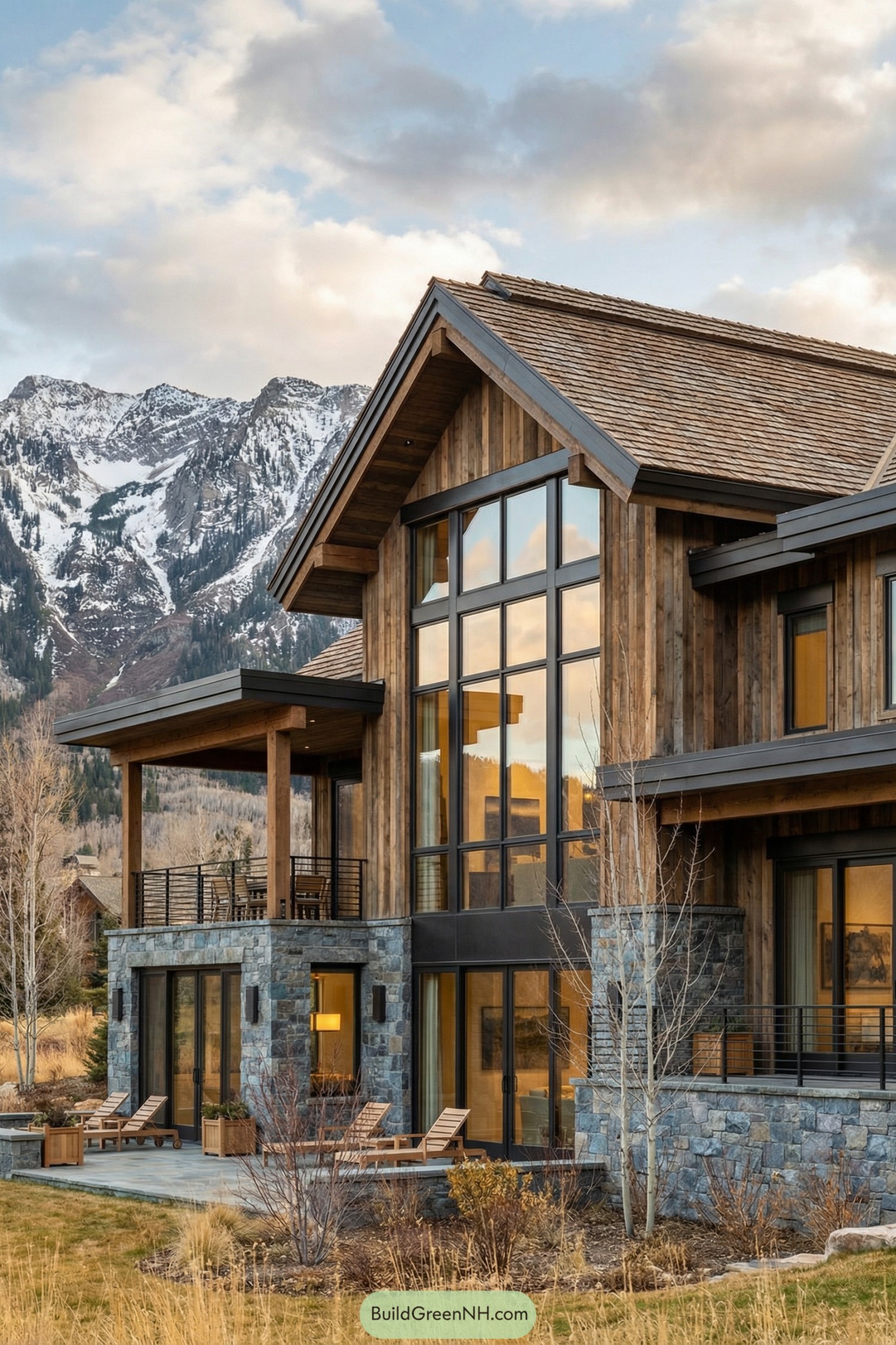 high-res photo of modern mountain house, contemporary alpine lodge style facade with strong central gable and two asymmetrical side wings, vertical timber cladding and stone base, warm natural wood tones with gray-blue stone and dark metal accents, rectangular multi-level structure with deep roof overhangs and open terraces, mixed materials of rough-cut stone, vertical wood planks, exposed timber beams, black metal railings and frames, pitched gable roof with medium-slope angles and overlapping wood or composite shingles in weathered brown, large central window wall in the gable with floor-to-ceiling glazing in a grid of dark aluminum mullions, tall narrow side windows and expansive sliding glass panels on lower levels, multiple glass doors with dark metal frames opening to balconies and patios, covered outdoor terrace on the left with flat extended roof supported by thick timber posts and black metal railing, right-side stacked balconies with simple railings and wooden lounge chairs, ground-level stone terrace partially recessed with dark-framed openings, natural landscaping with tall golden grasses, sparse leafless shrubs and a few slender trees near the house, dramatic snow-dusted rocky mountain range rising steeply in the background, forested lower slopes and partly cloudy evening sky with warm light reflecting on the glass, overall calm and picture-worthy valley setting. real-life photo, high-resolution, architectural photography, soft lighting, cinematic composition