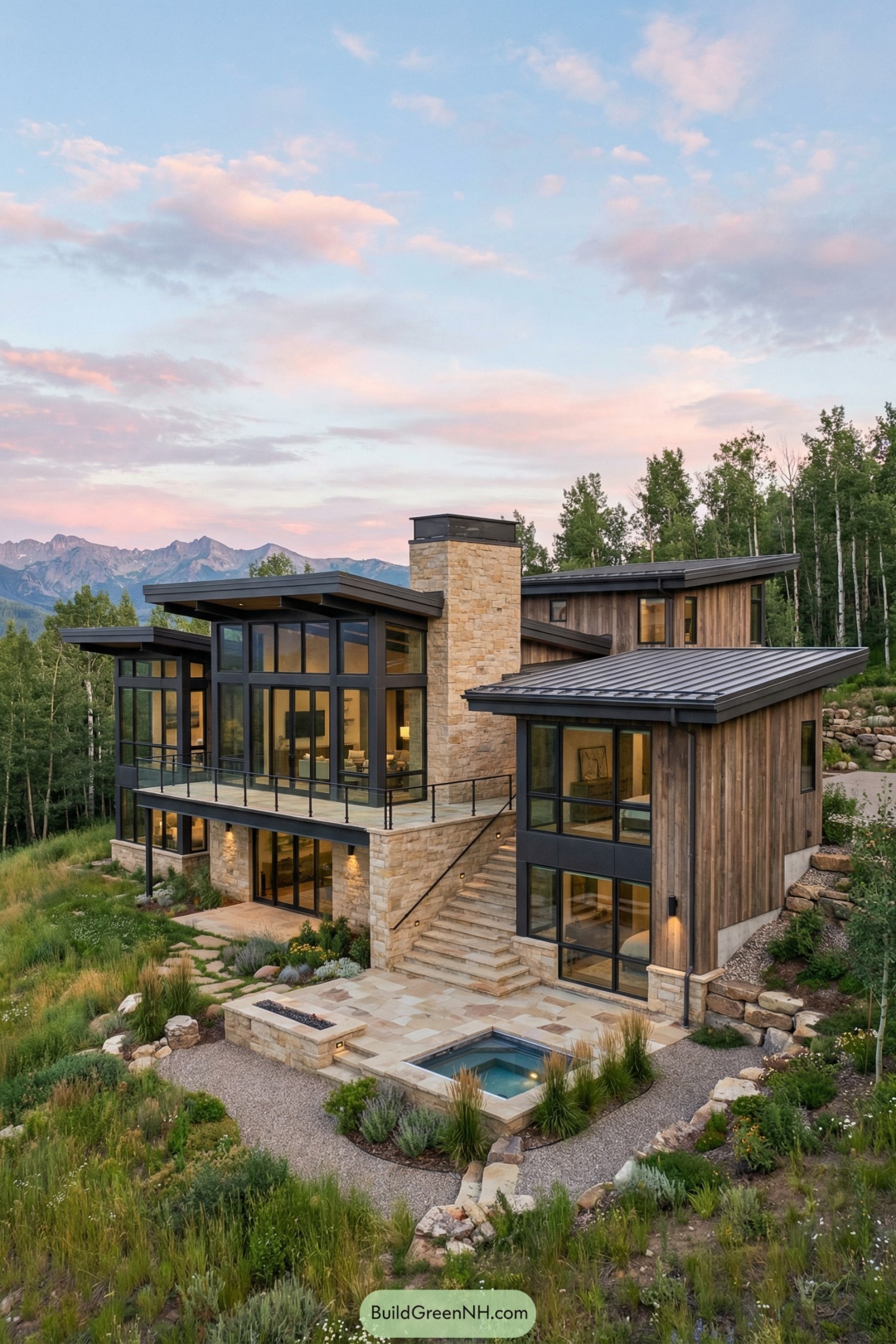 Contemporary mountain house with stone chimney glass walls and tiered patios overlooking a forested valley