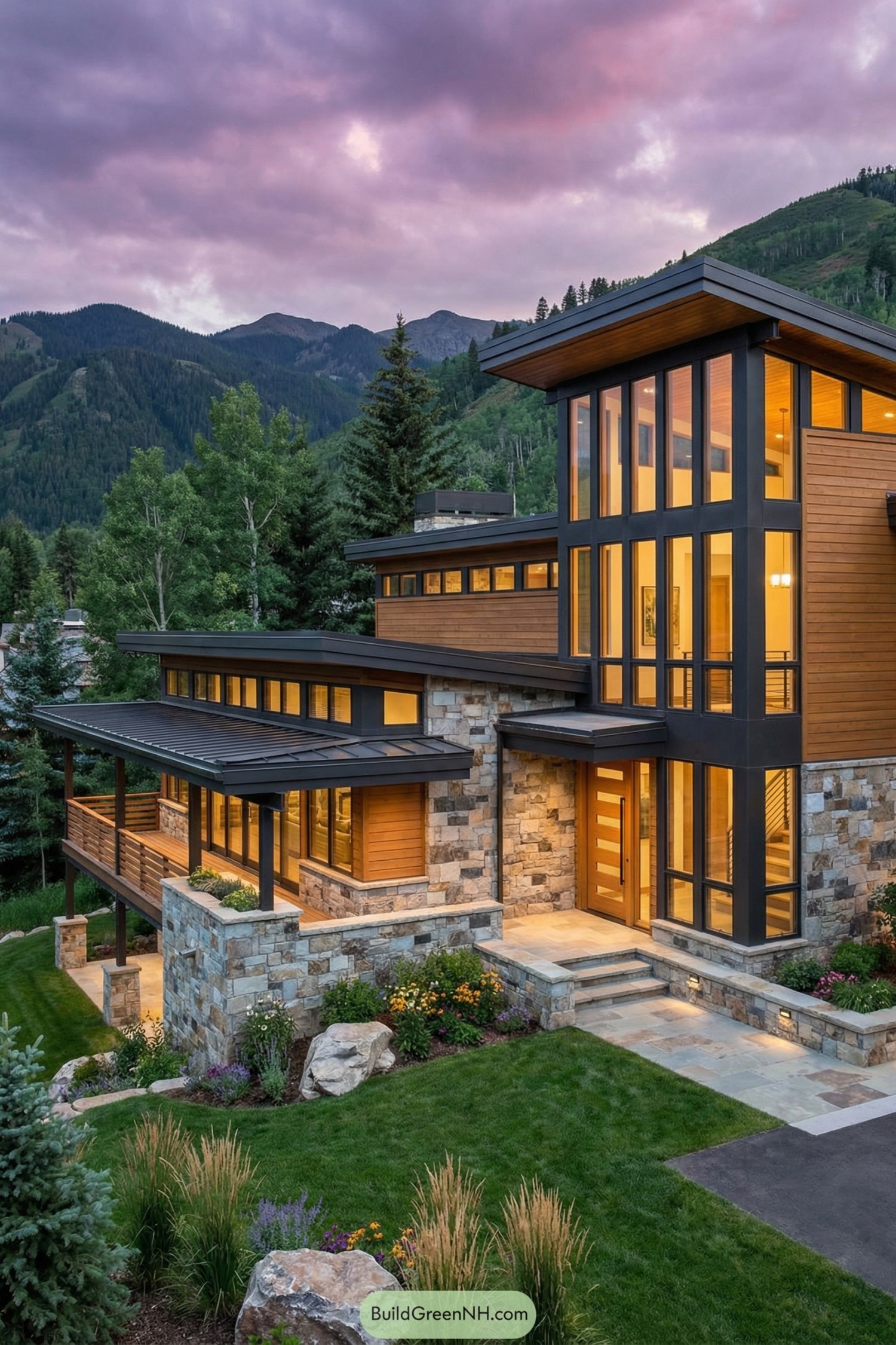 Modern mountain house with tall glass façade stone base and wood siding