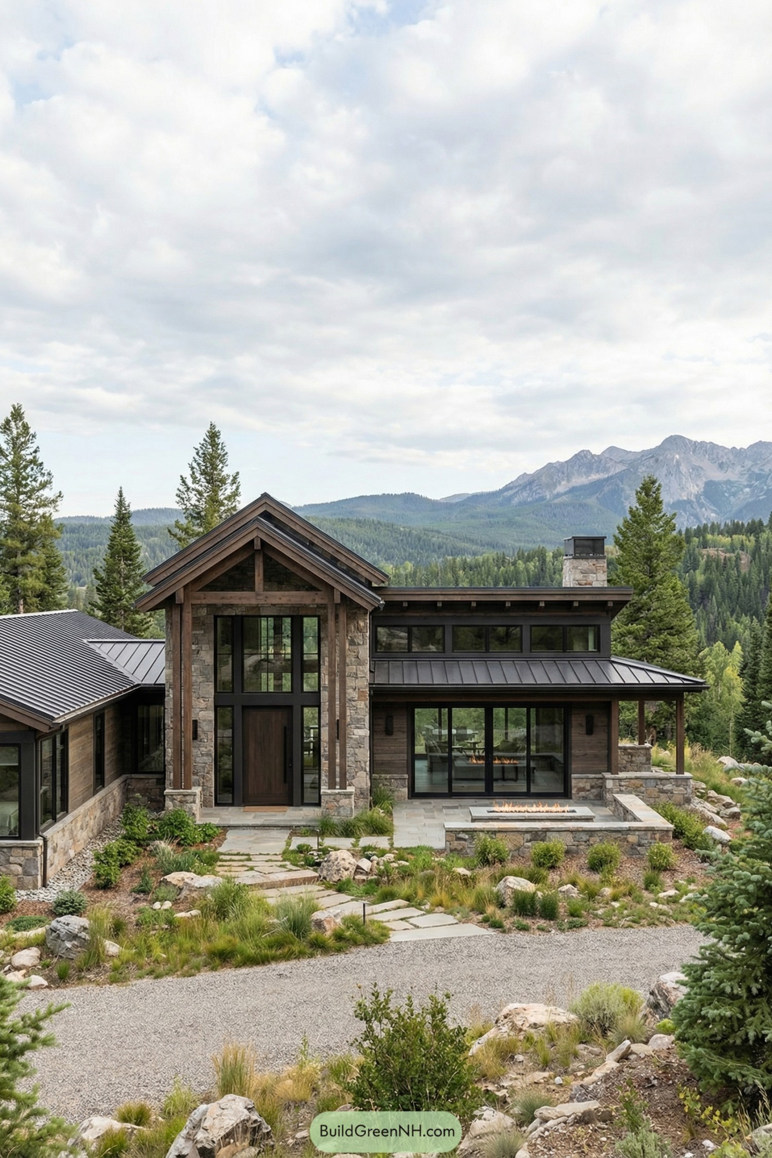 Contemporary stone and timber mountain house with large windows overlooking forested peaks