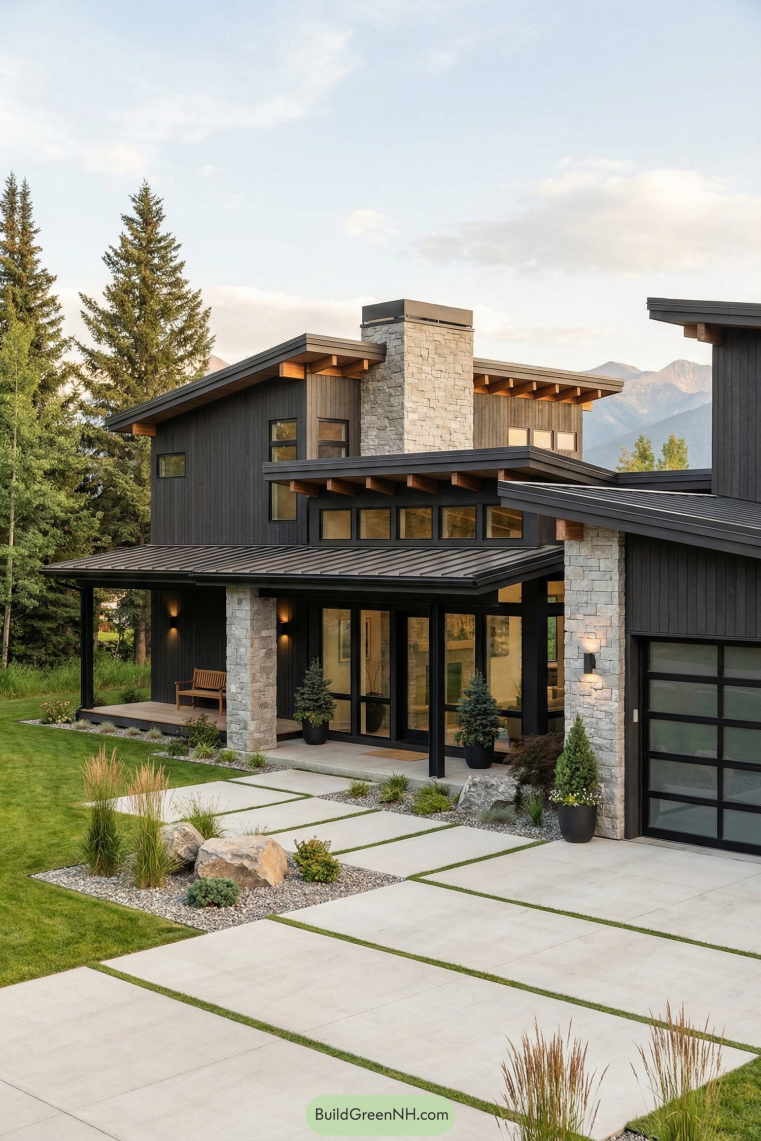 Modern black and stone mountain house with low-slung roofs and a minimalist landscaped entry