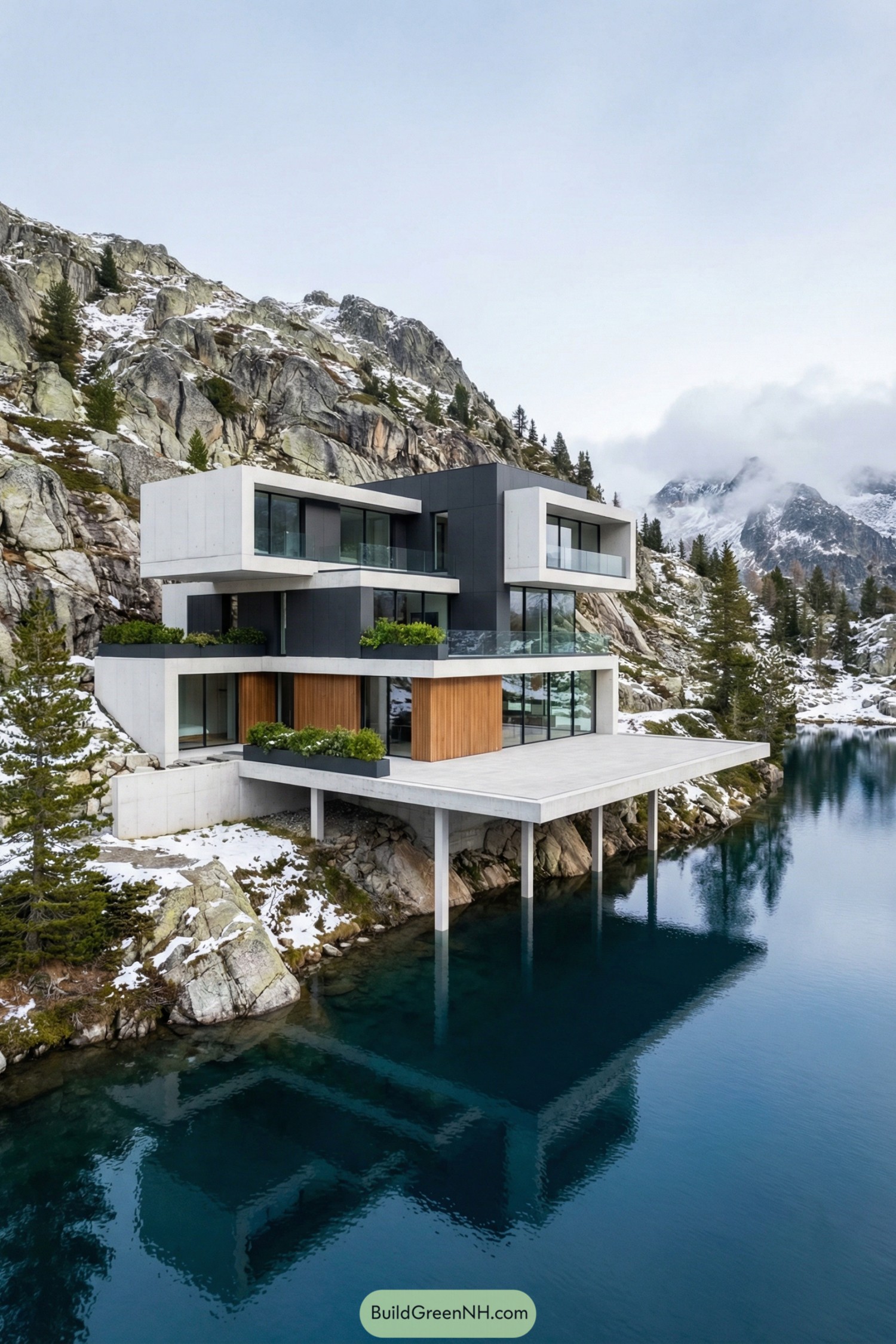 Modern concrete and glass mountain house cantilevered over a clear alpine lake