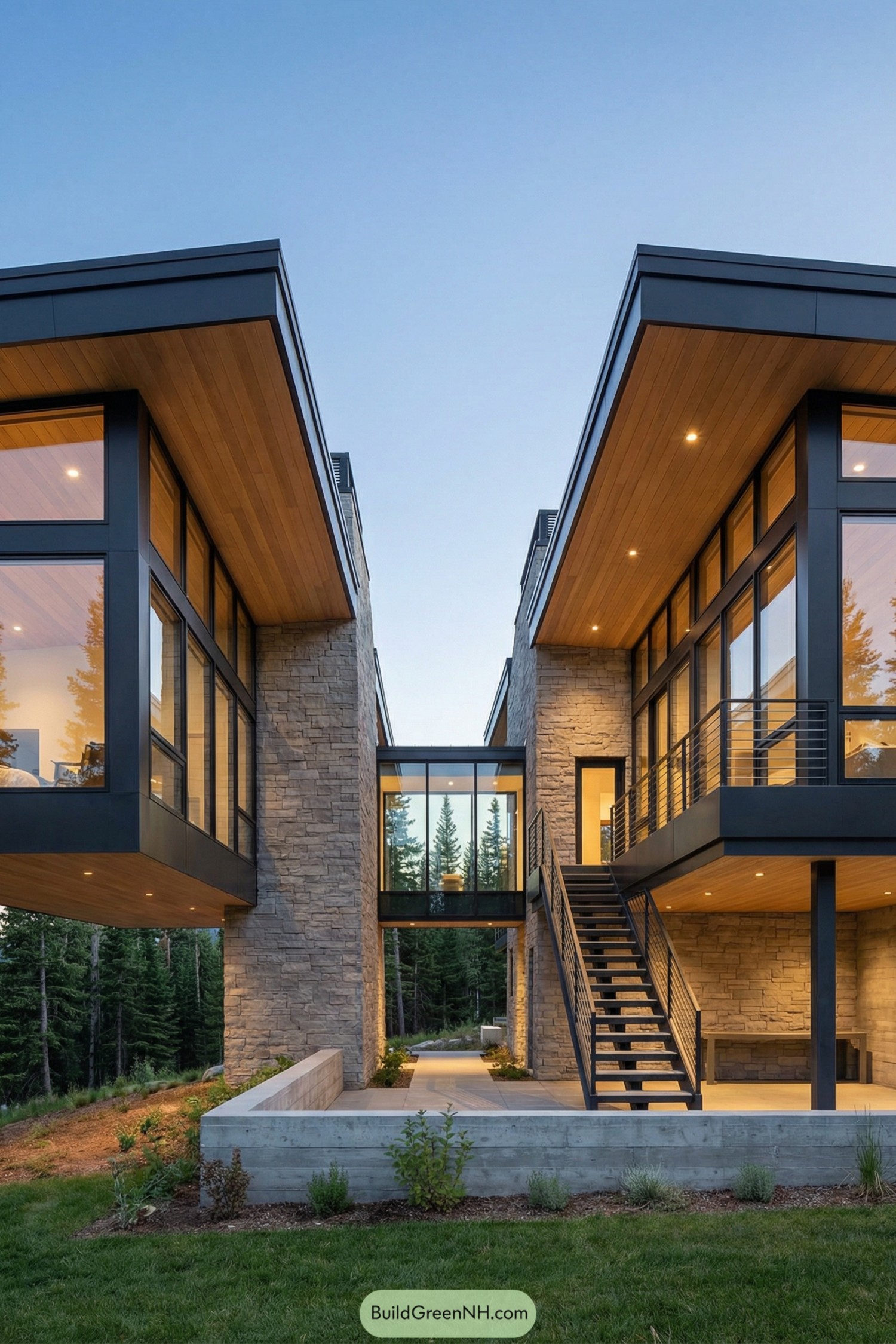 Modern mountain home with twin stone wings, glass walls, and a bridge-like connector over a central courtyard