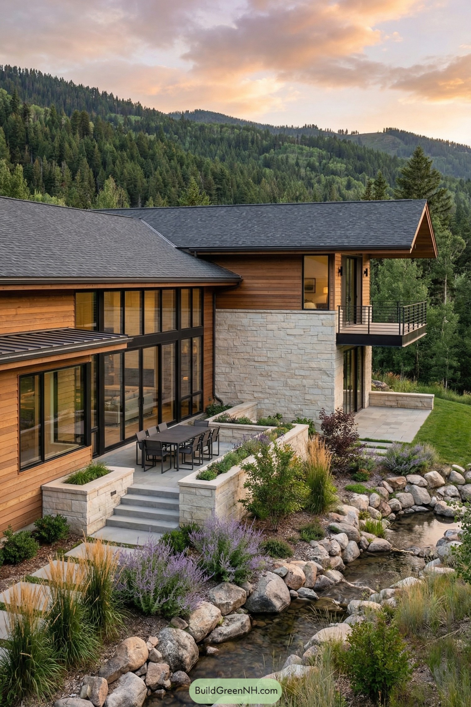 Modern mountain house with wood siding stone walls large windows and a landscaped creekside patio