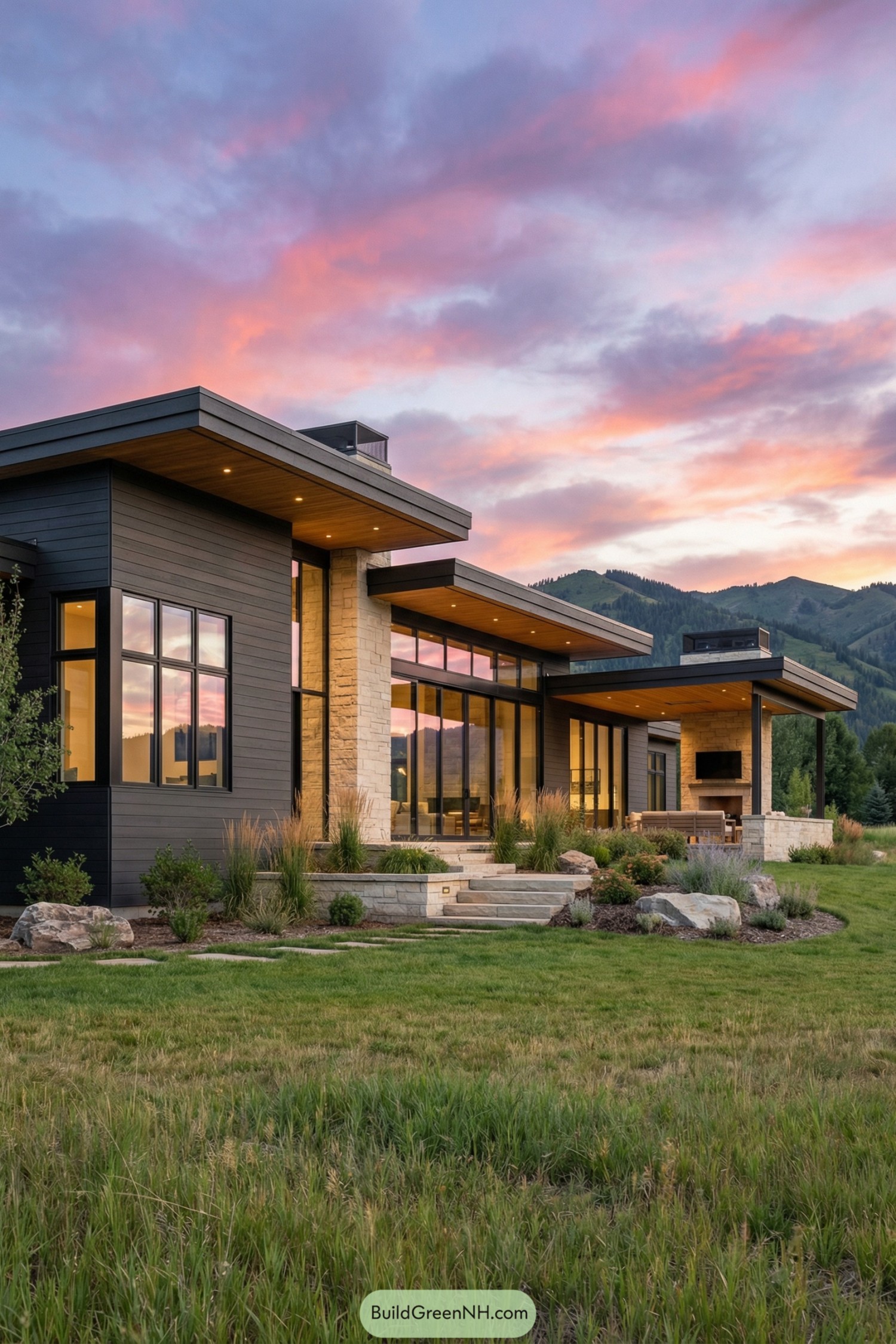 Modern flat-roof mountain house with dark siding stone accents and expansive glass facing open meadow