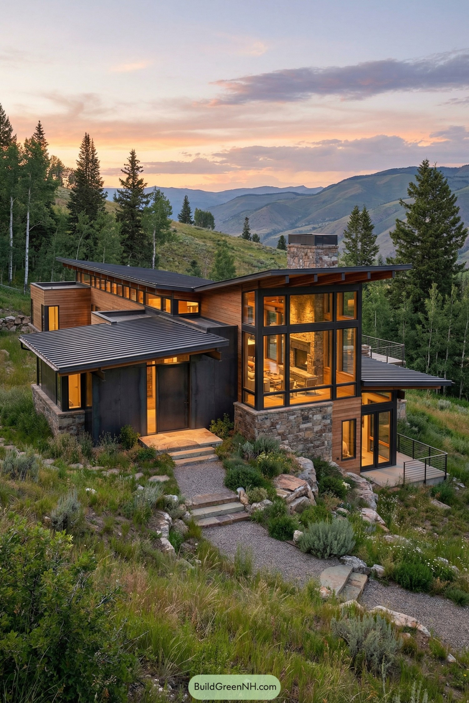 Contemporary mountain house with glass walls and layered roofs