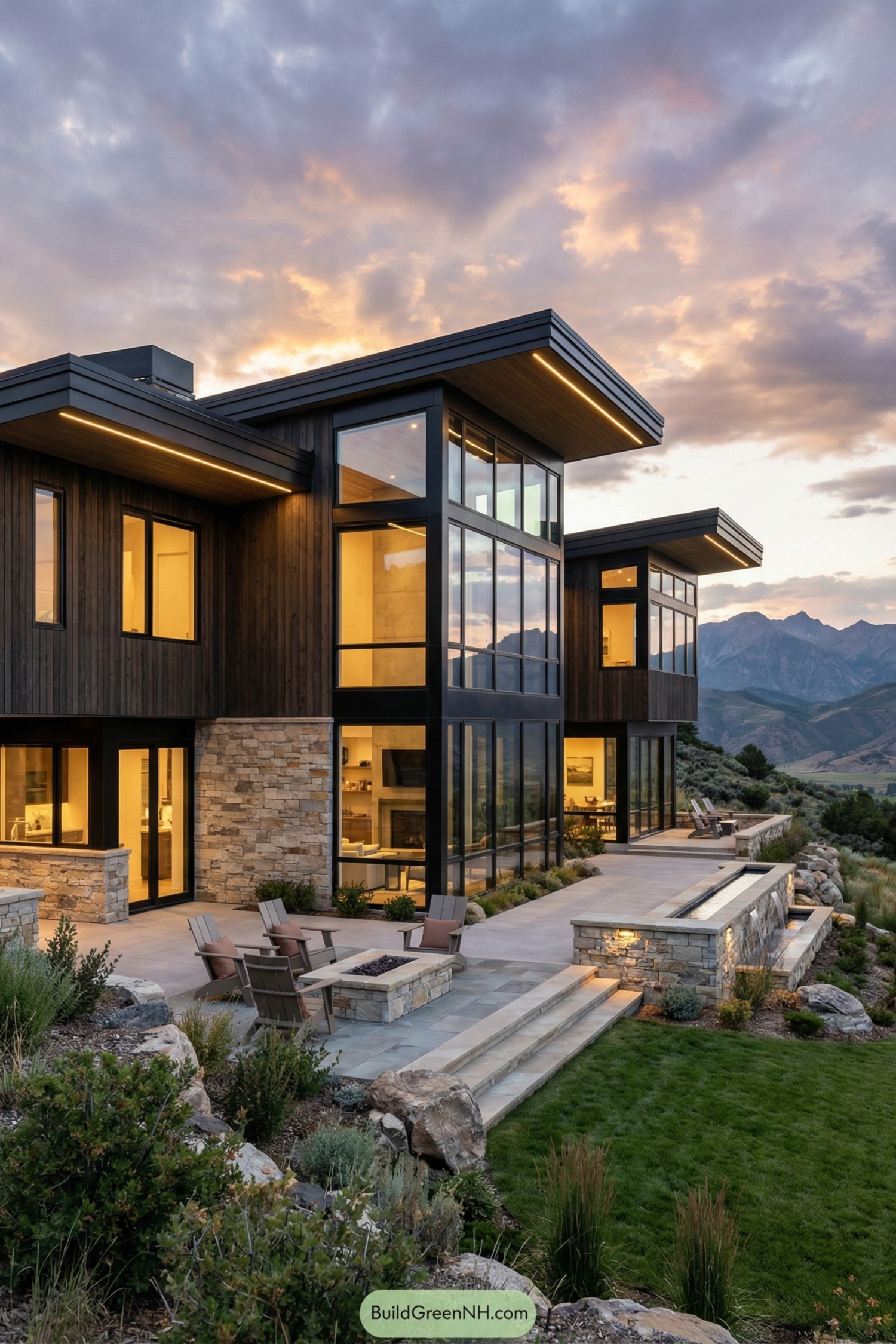 Modern mountain home with glass walls stone base and stepped terraces at sunset