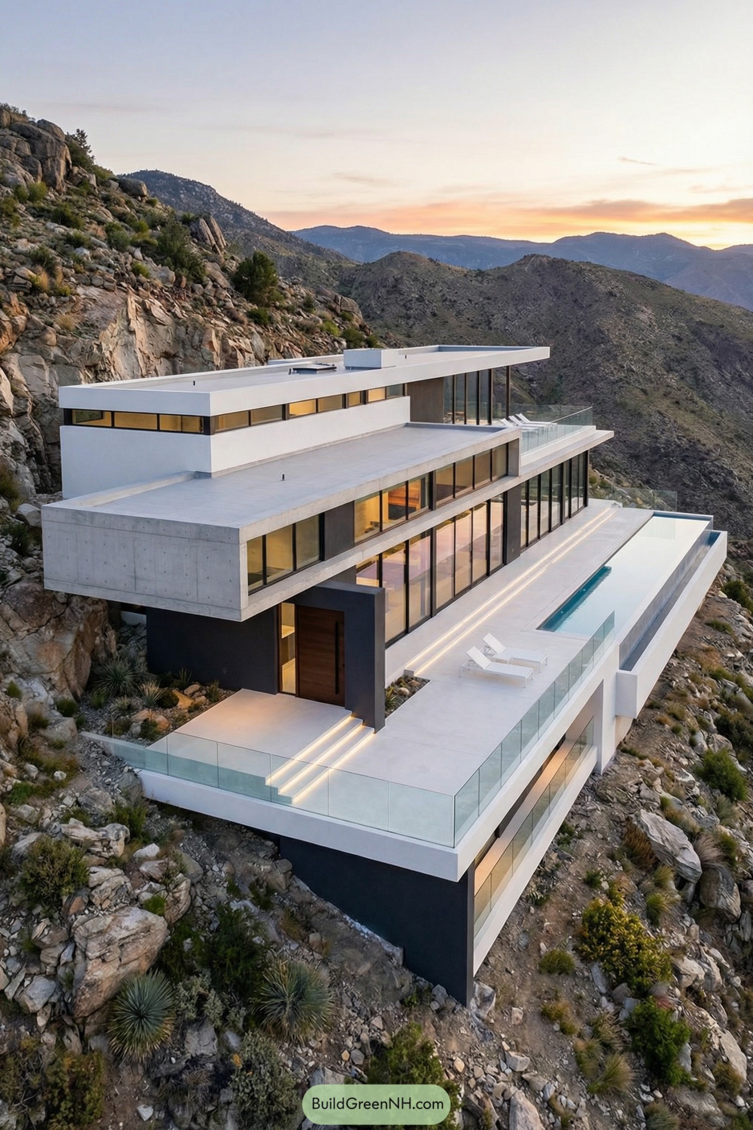 Modern tiered mountain house with long glass terraces and pool cantilevered over rocky slope at sunset