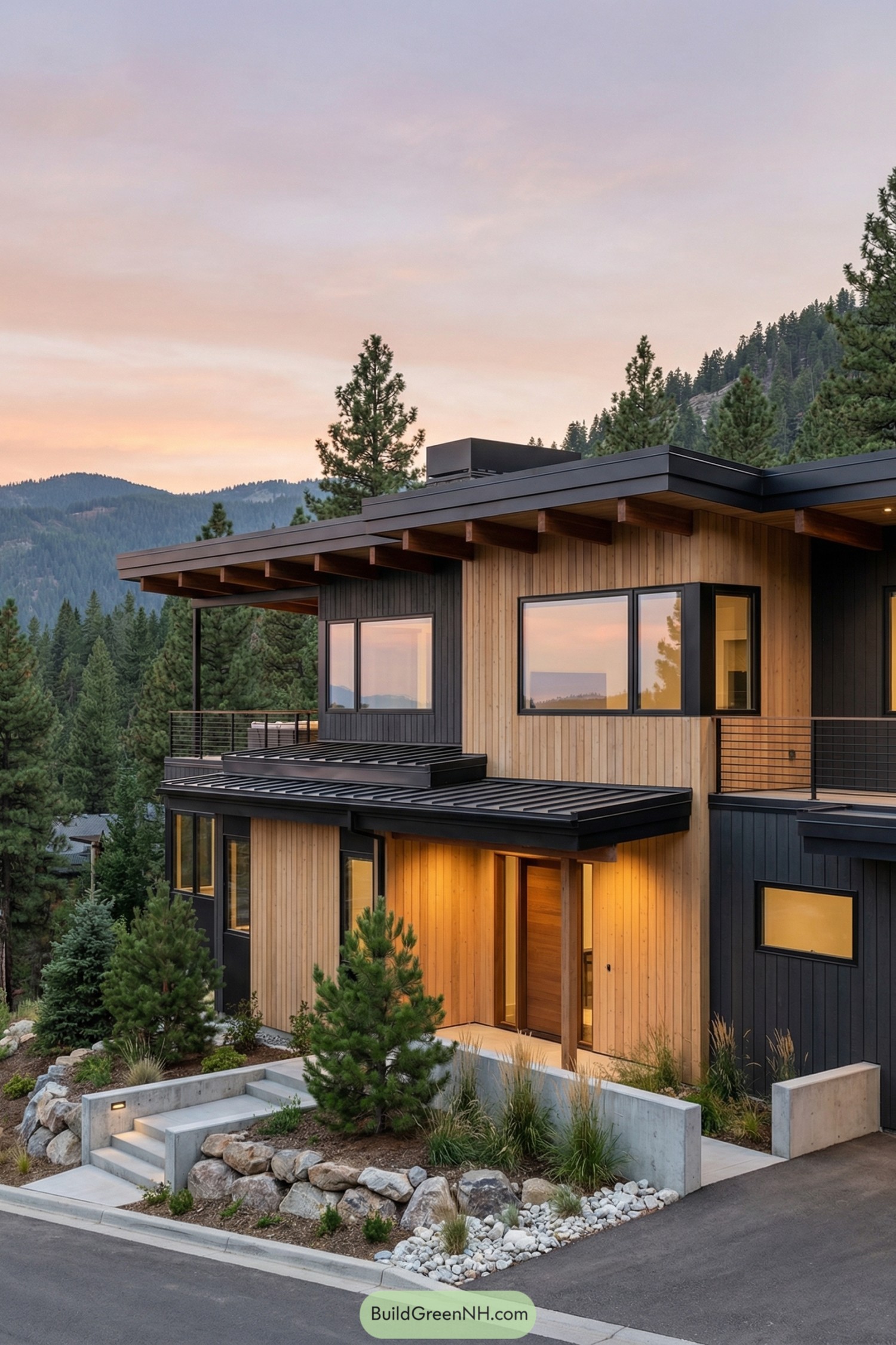 Contemporary wood and metal mountain house at sunset with large windows and layered flat roofs