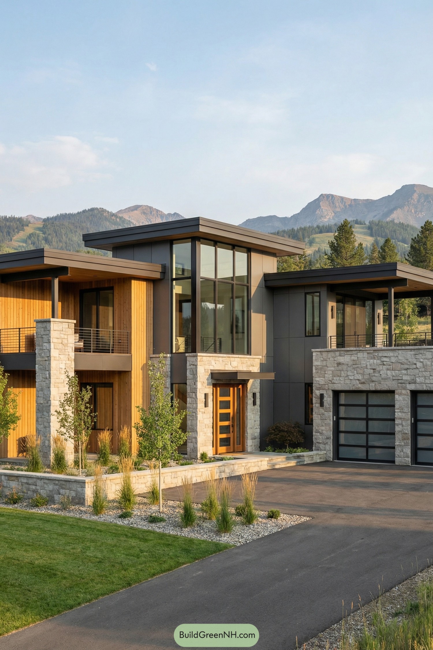 Modern mountain home with flat roofs, tall glass walls, stone and wood exterior, and attached three-car garage
