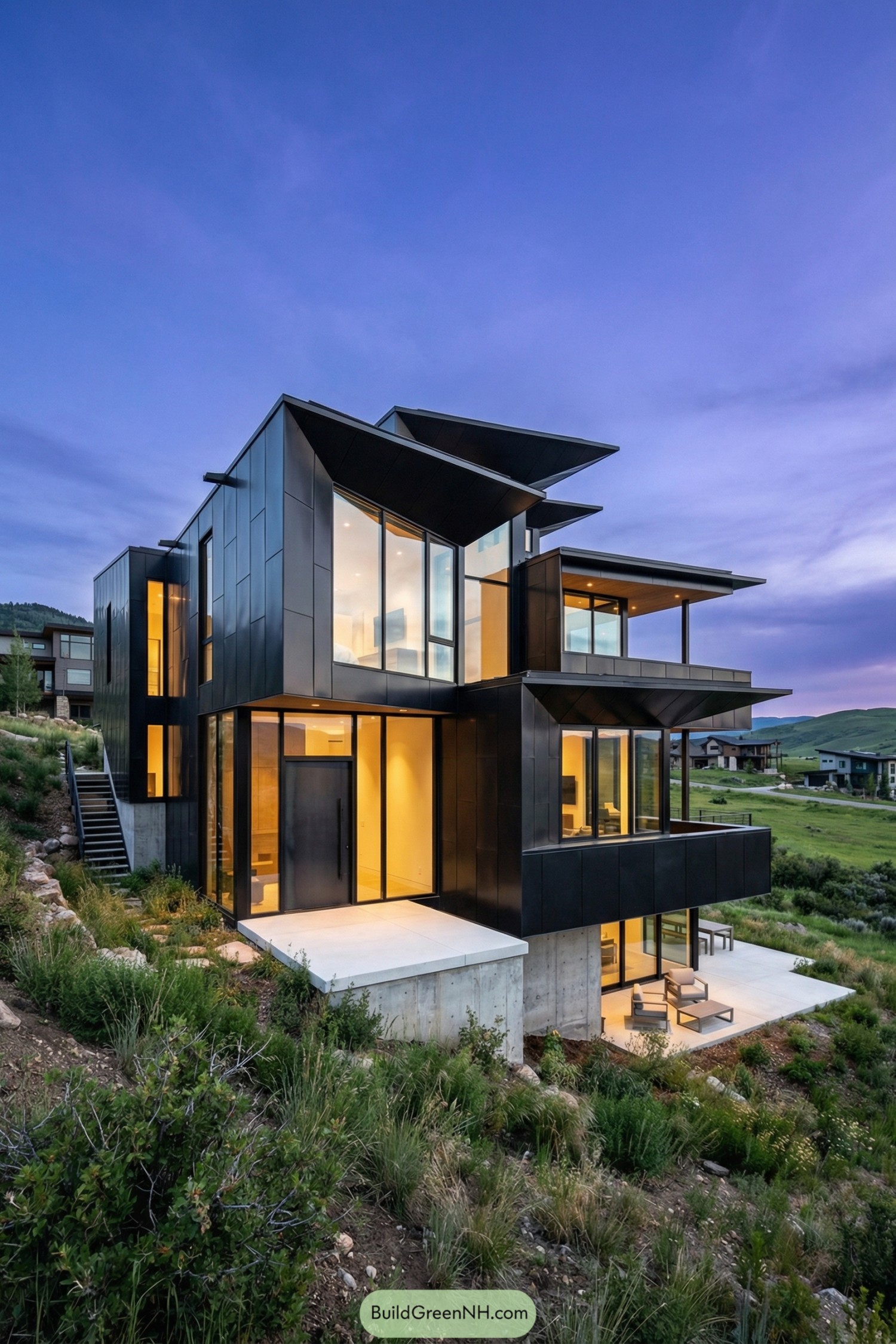 Angular black metal mountain house at dusk