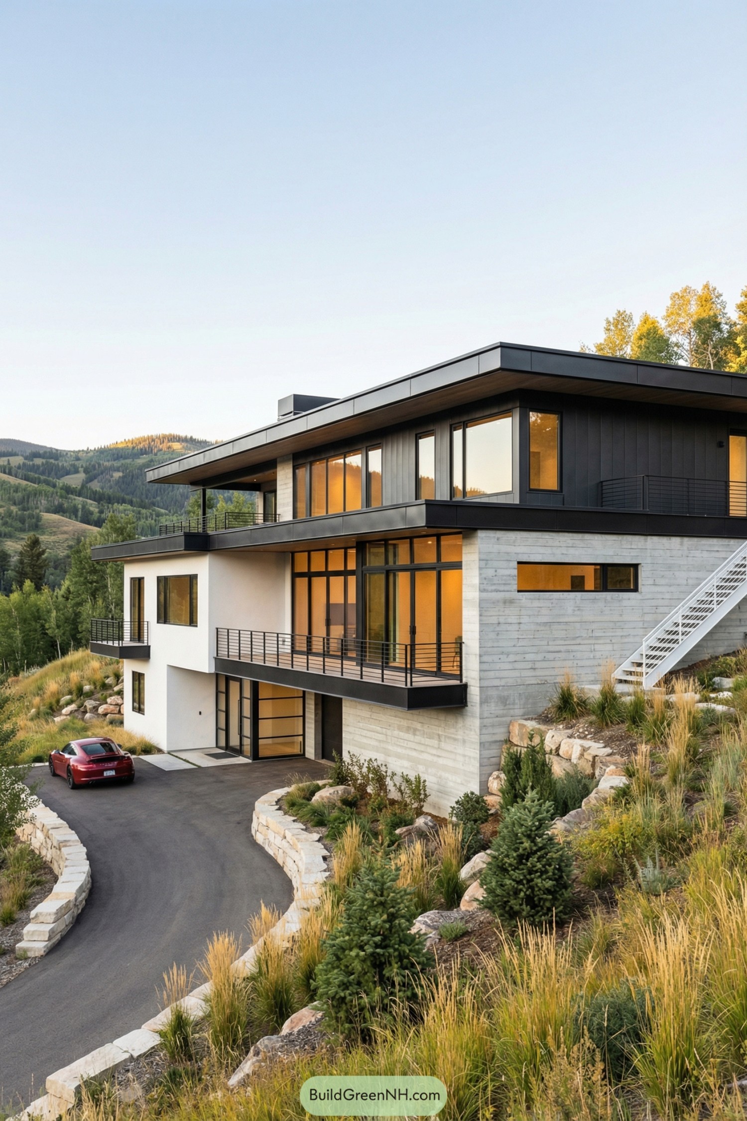 Modern multi-level house stepping down a grassy mountainside