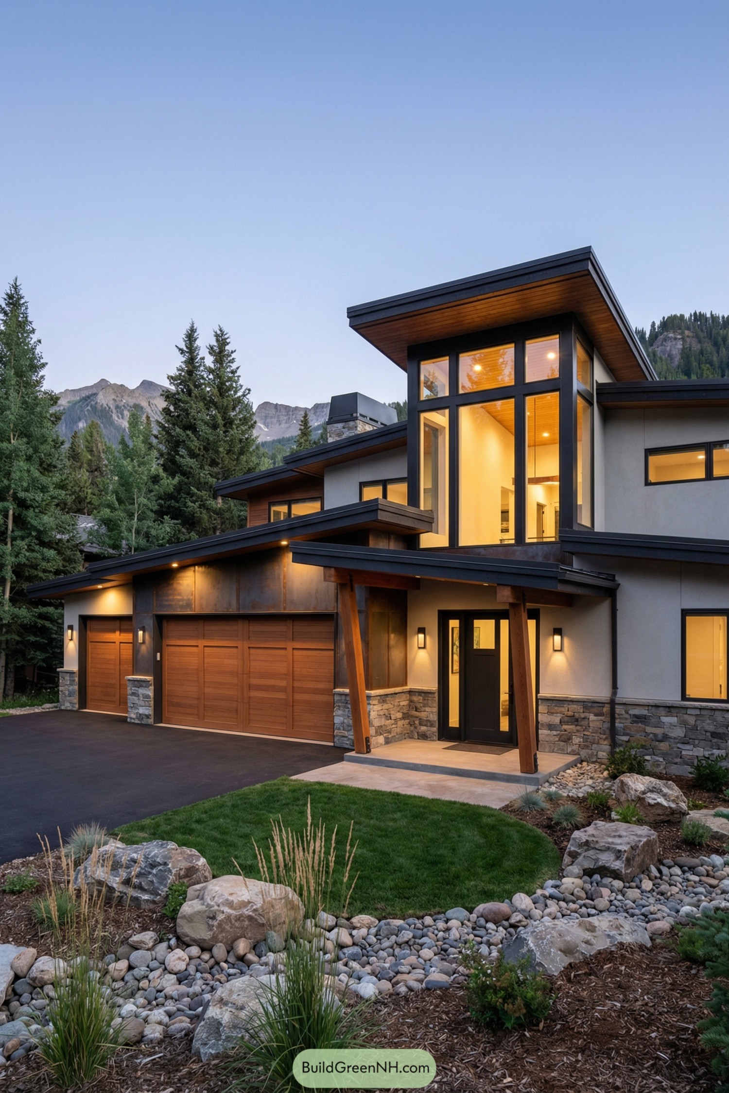 Modern mountain house with tall glass tower, wood accents, and stone base surrounded by evergreens and rocky landscaping
