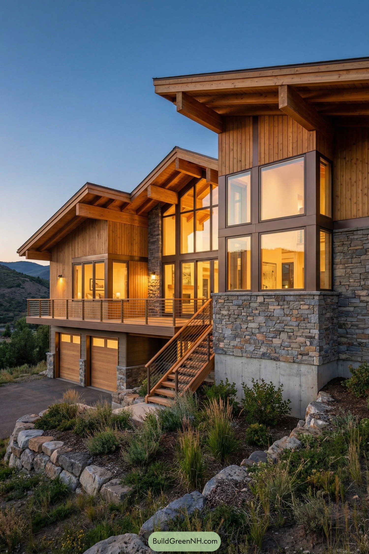 Contemporary timber and stone mountain house at dusk
