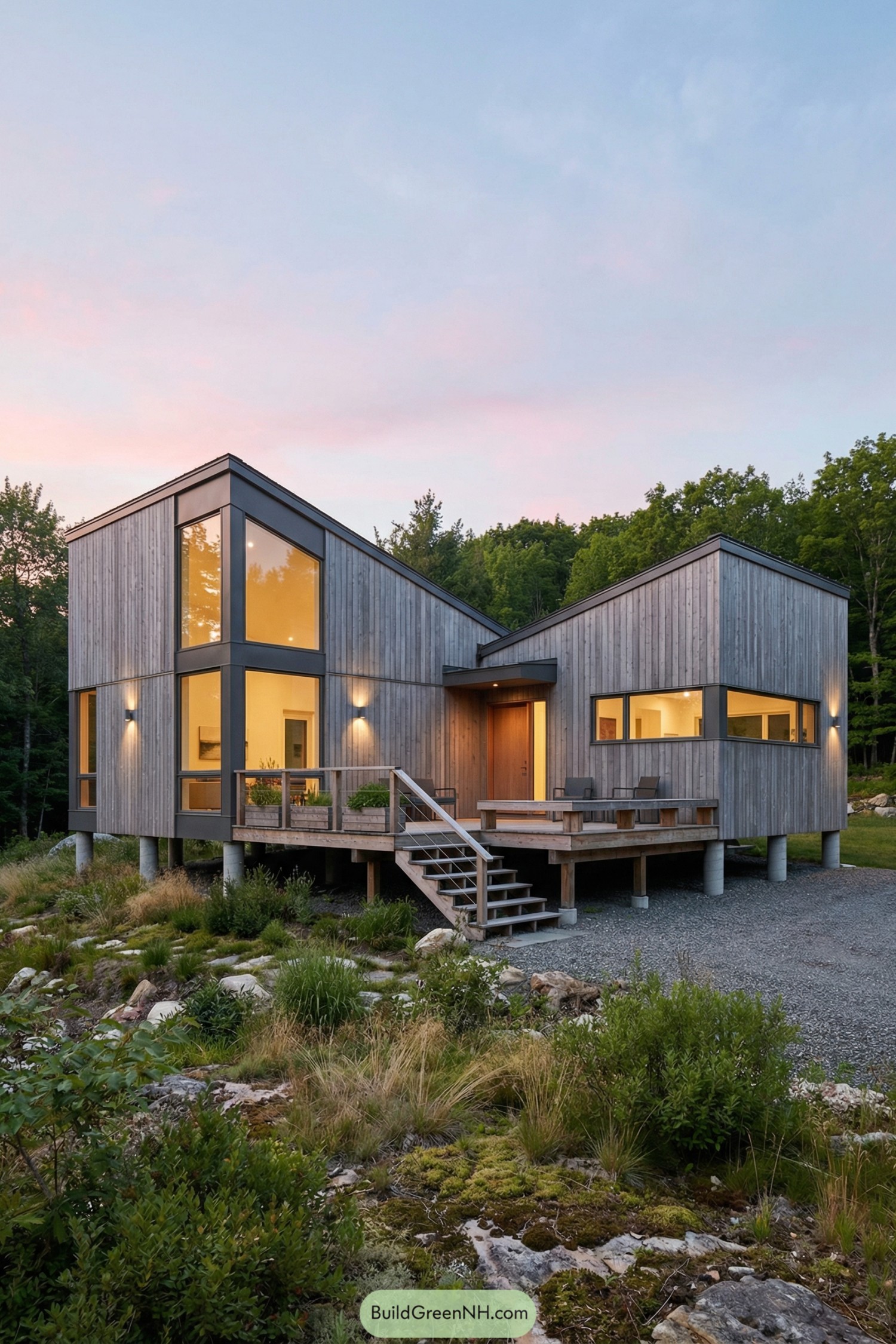 Modern raised wood-clad rural house with asymmetrical shed roofs, large corner windows, and wraparound deck set in a rocky meadow