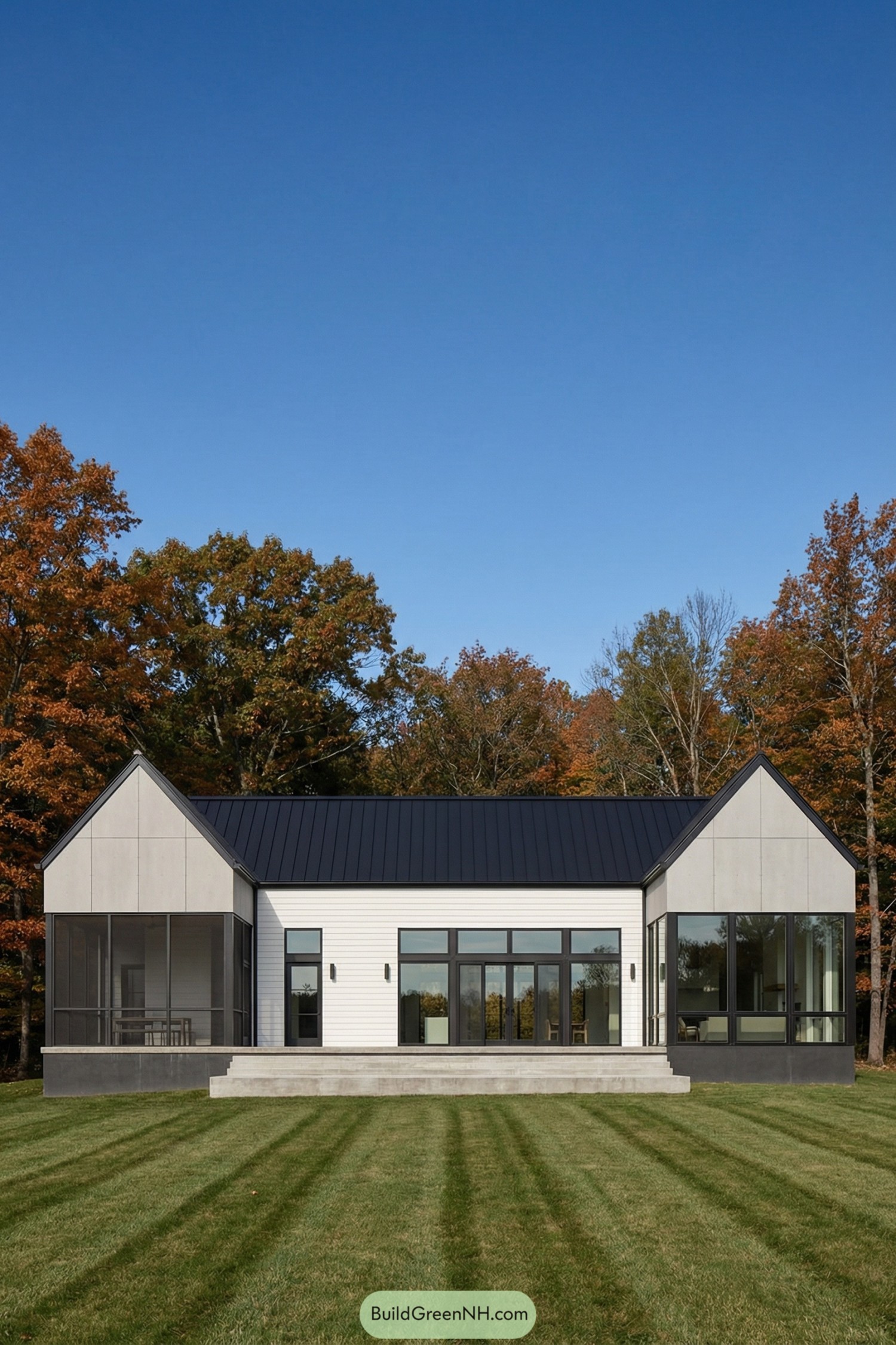 Modern white farmhouse with twin gables large black-framed windows and a central terrace opening to a wide lawn