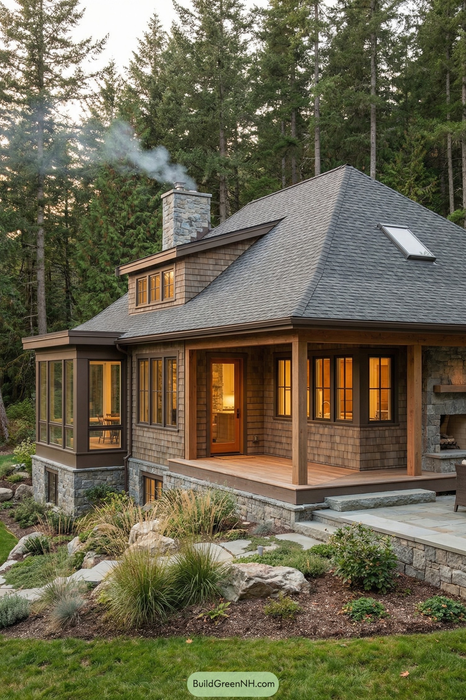 Cozy shingle cottage with stone base and forest backdrop