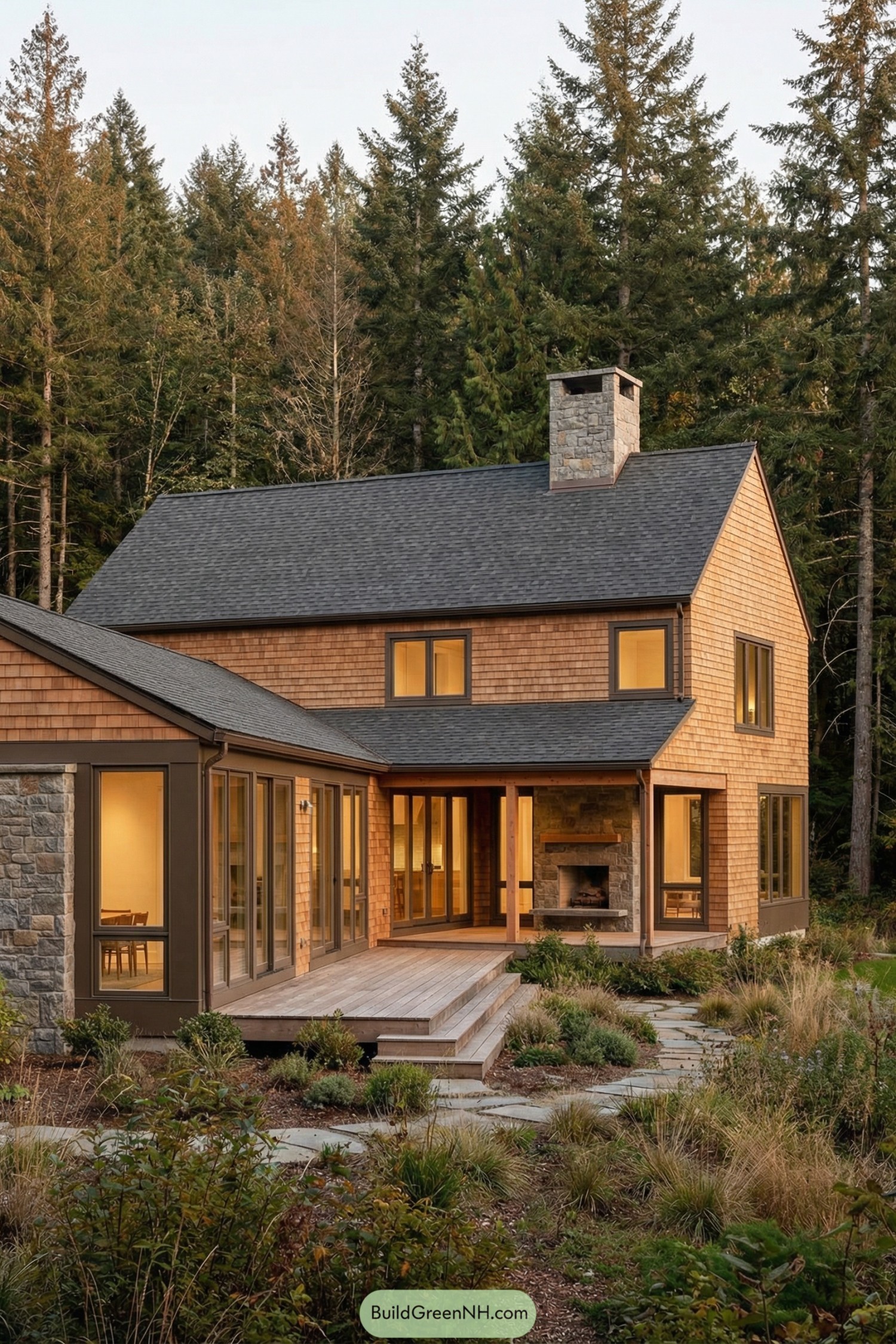 Warm shingled house with stone accents, large windows, and a covered outdoor fireplace surrounded by forest