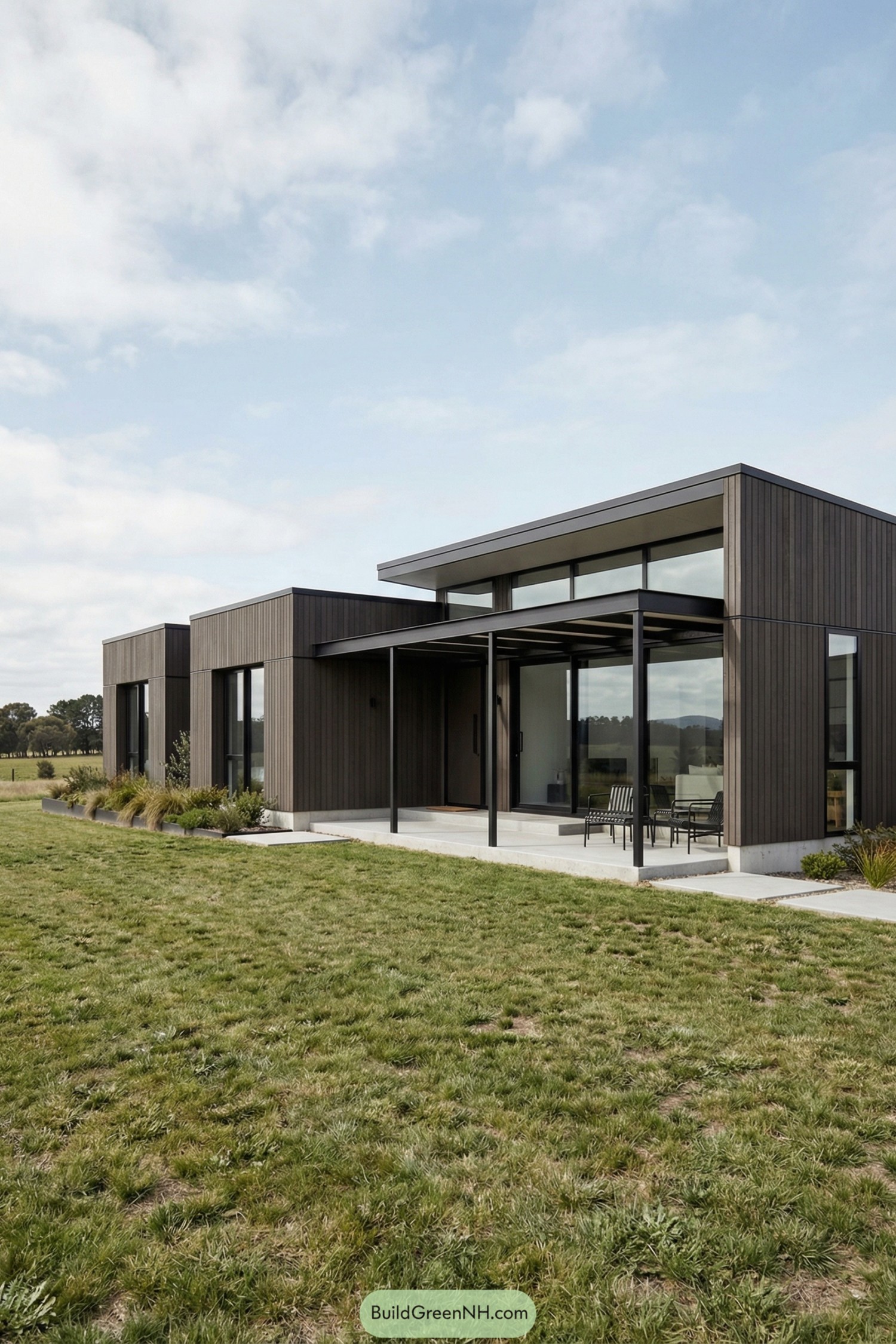 Single-story dark-clad modern house with large windows and covered patio in an open field