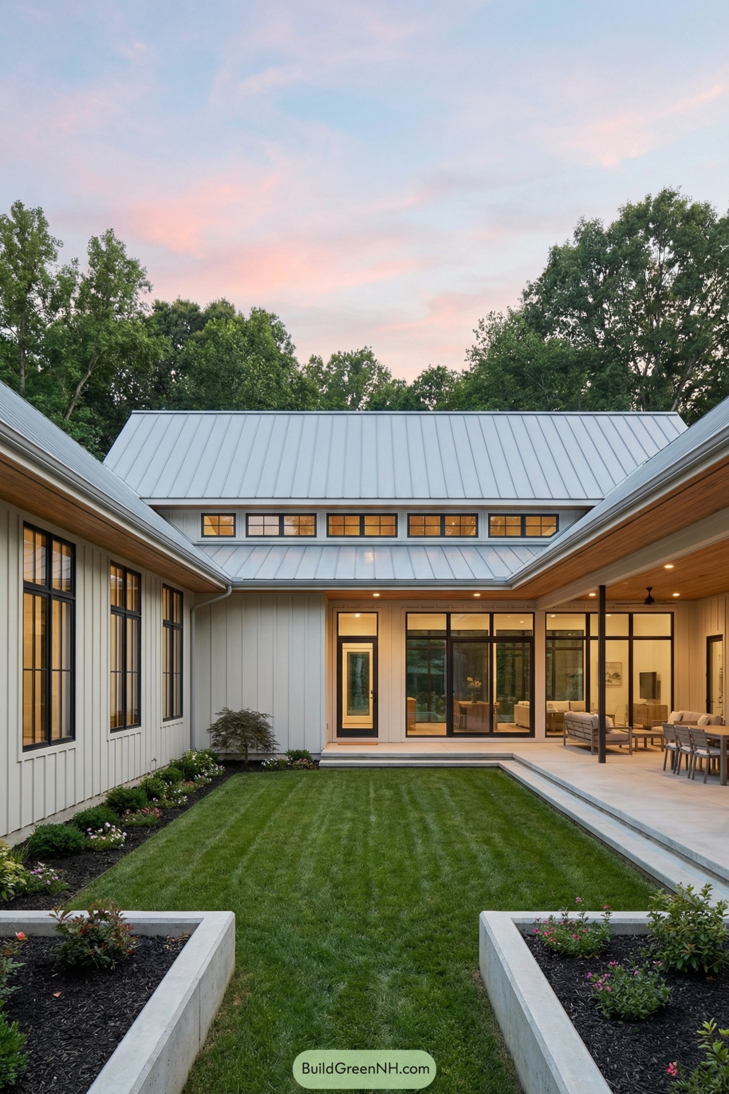 Modern farmhouse courtyard with metal roof and large windows framing a central lawn