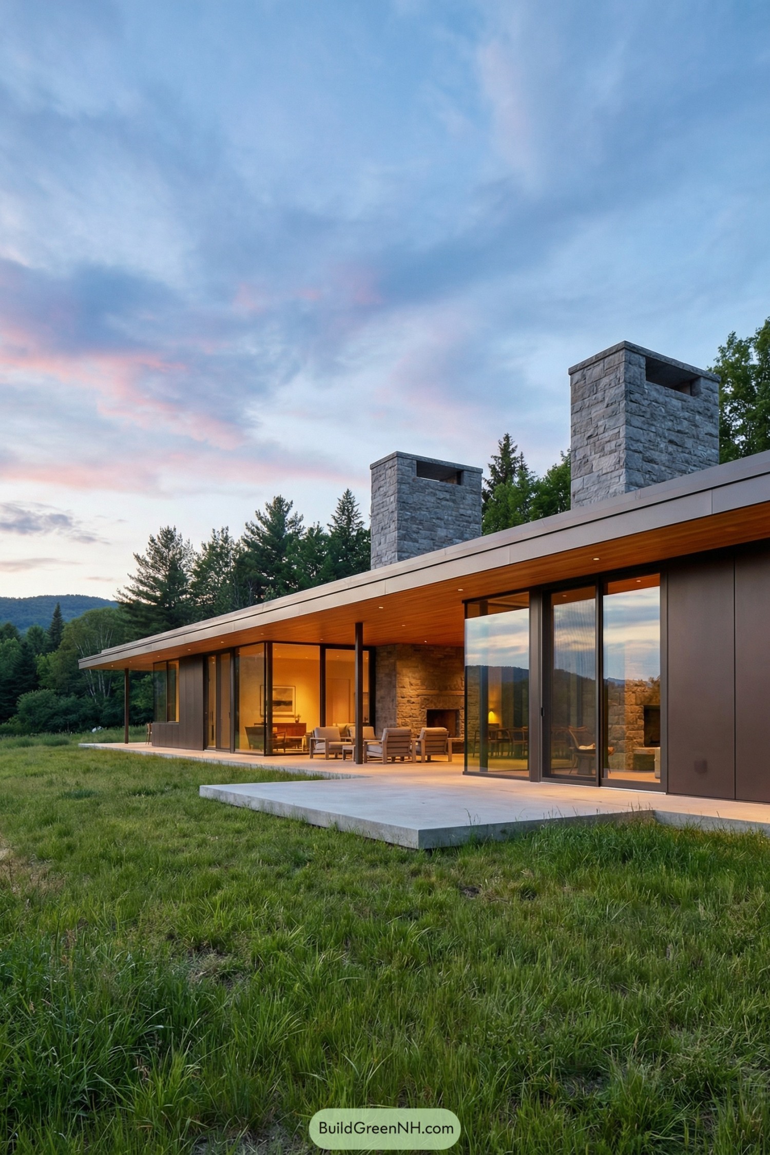 Single-story modern house with broad overhangs, floor-to-ceiling glass, and tall stone chimneys opening to a grassy field at sunset