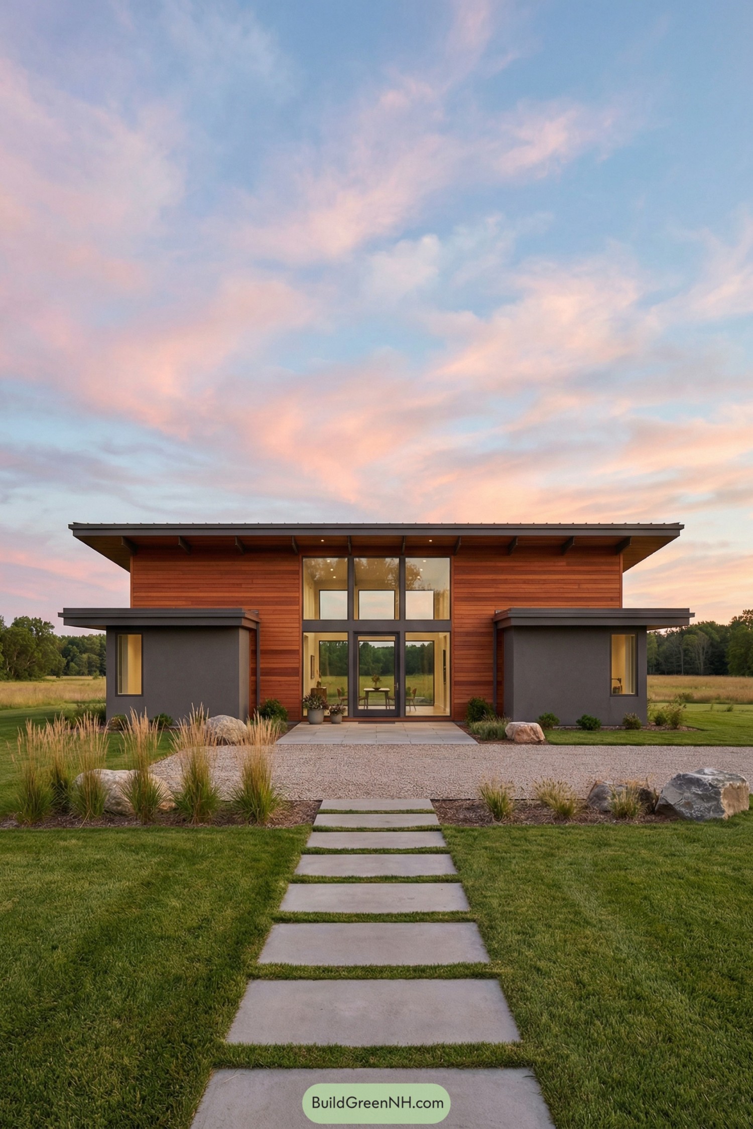 Modern low-slung rural house with warm wood siding large glass entry and wide overhanging roof