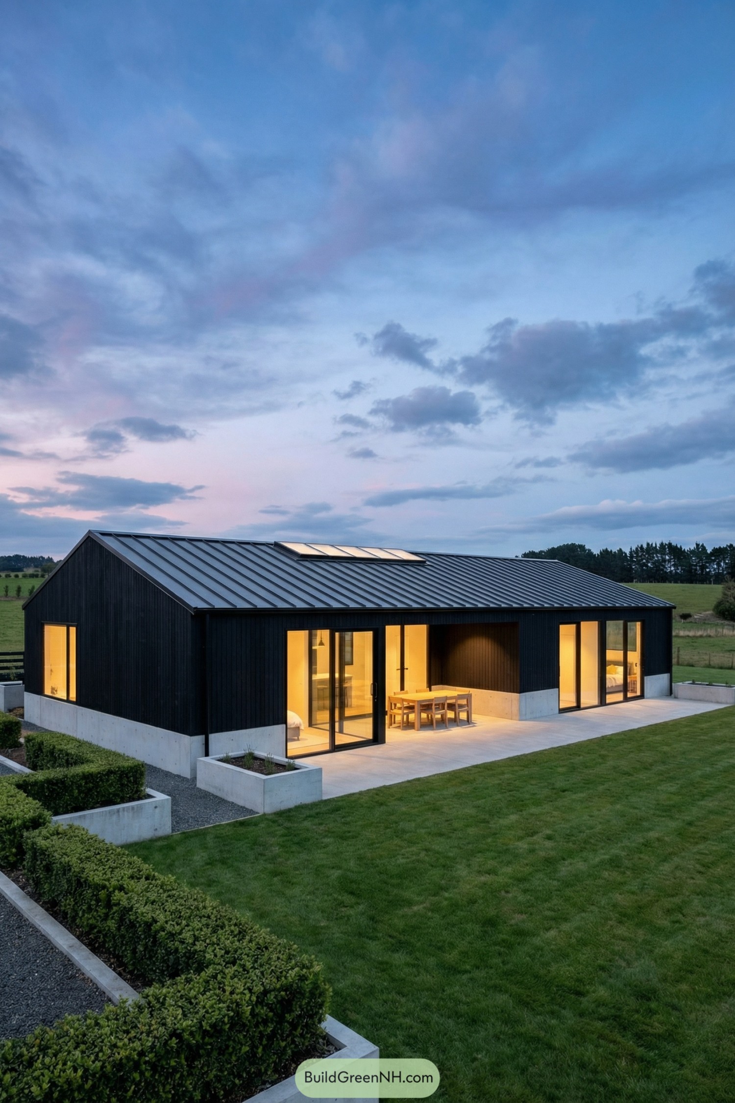 high-res photo of modern rural house, long single-story linear facade with strong horizontal emphasis, minimalist contemporary barn-like style, dark charcoal exterior cladding with warm interior light glowing through, rectangular elongated shape with a slightly recessed central bay forming a covered niche, exterior materials in matte black vertical timber or metal siding with subtle texture and smooth pale concrete base, low-pitched almost flat gabled roof in dark standing-seam metal, several large rectangular roof skylights aligned with interior spaces, full-height floor-to-ceiling glass walls along most of the front elevation with slender black frames, central zone with expansive sliding glass panels opening to the terrace, side bays with continuous glazed bands and opaque dark wall sections, main entrance integrated into the glazed front with frameless glass door appearance, generous concrete terrace slab extending along the front, central outdoor dining area with a simple wooden table and chairs placed on the terrace, low planters and raised garden beds in clean geometric shapes near the left side, compact trimmed hedges and shrubs framing the building edges, wide foreground of neatly cut green lawn leading up to the house, open rural fields and gently rolling meadows stretching behind the house, distant tree line on the horizon, dramatic dusk sky with scattered clouds and soft blue–pink tones, overall calm and expansive countryside setting, real-life photo, high-resolution, architectural photography, soft lighting, cinematic composition.