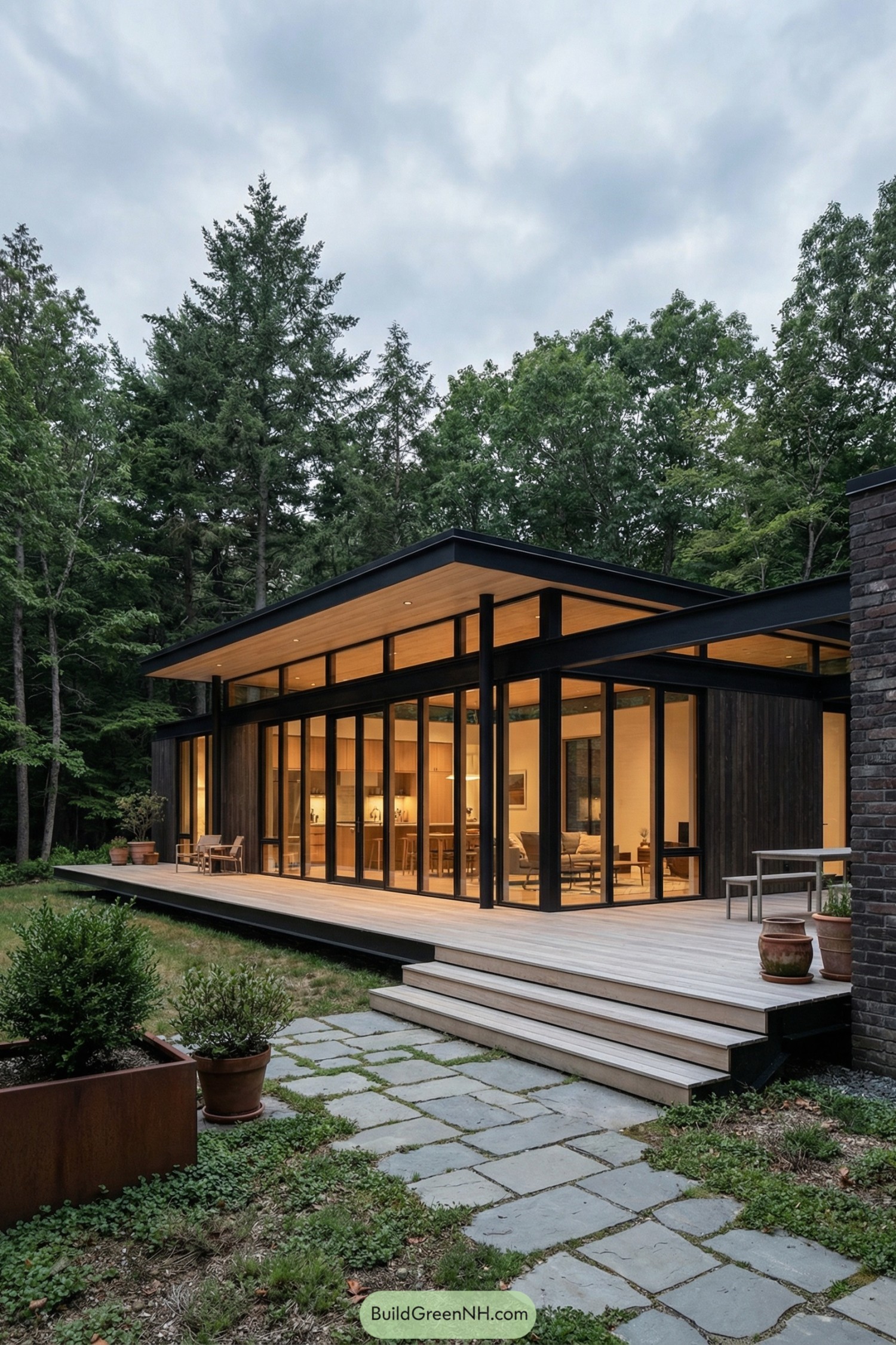 Modern single-story woodland house with full-height glass walls and broad deck