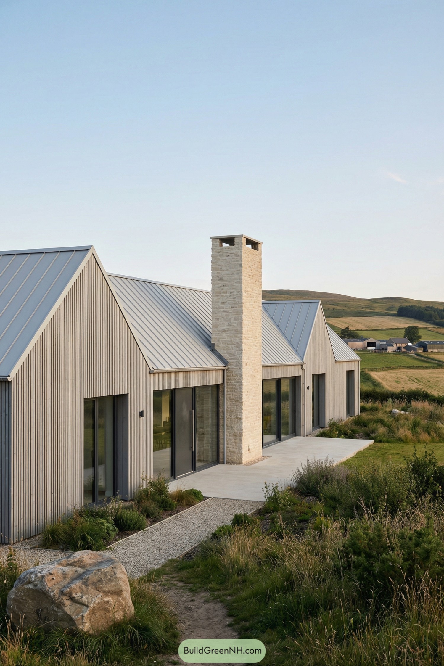 Single-story gabled rural house with metal roof, tall stone chimney, and large glass doors overlooking rolling fields