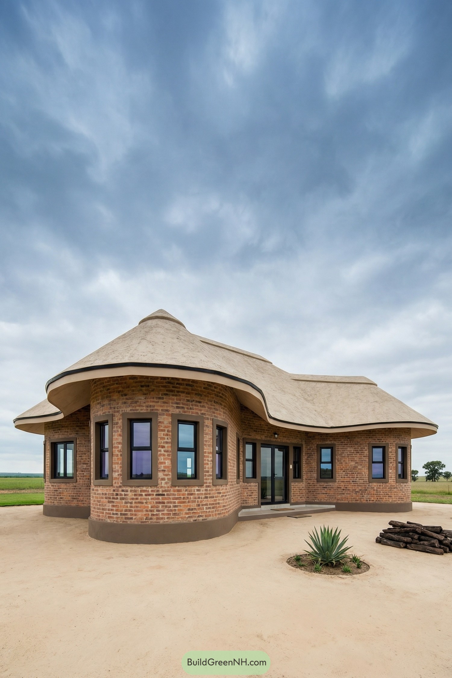 Round brick farmhouse with flowing, camel-colored roof and dark-framed windows in an open rural landscape